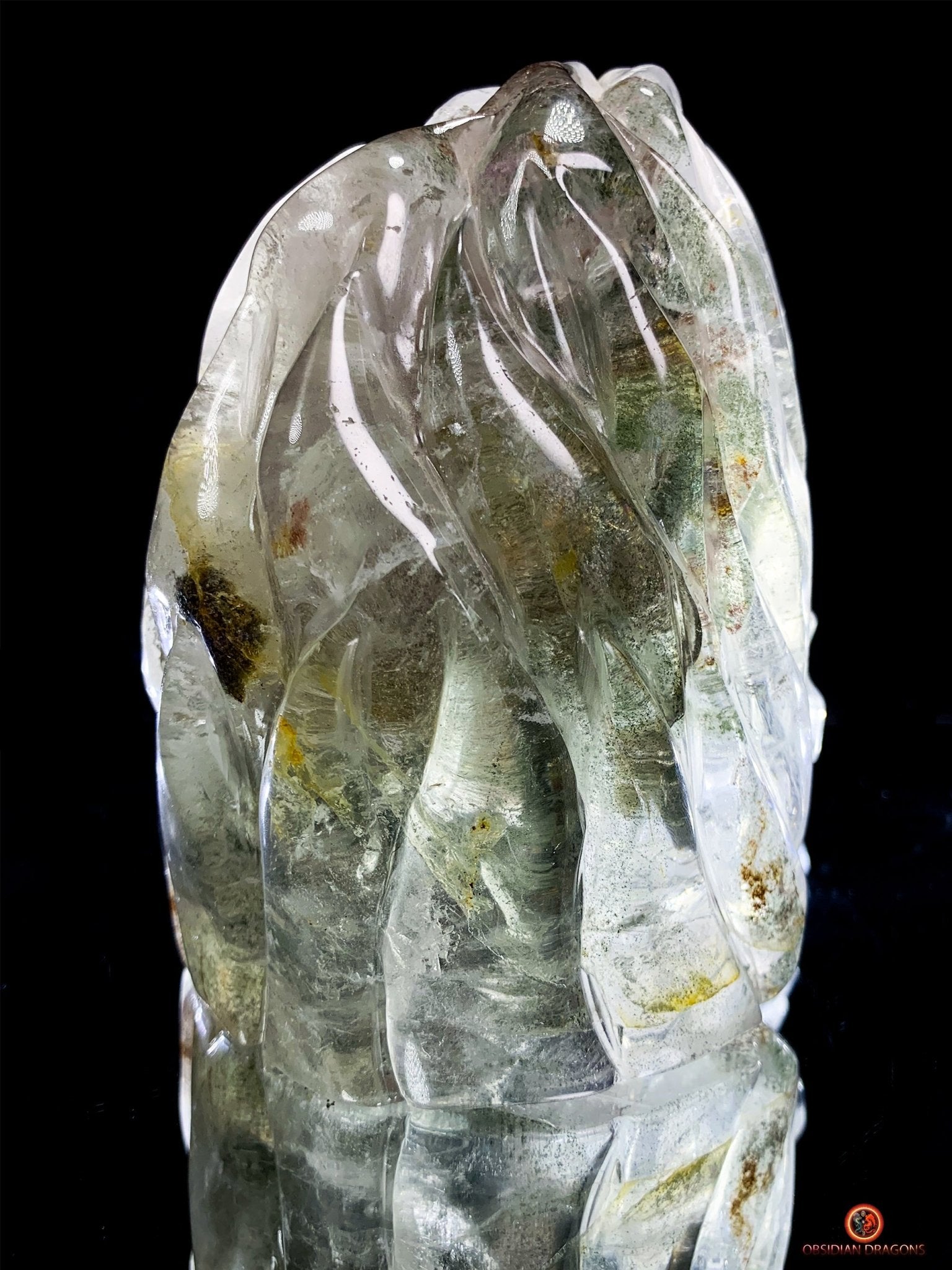 Crâne de Cristal en Quartz Jardin - Flammes Intérieures | obsidian dragons