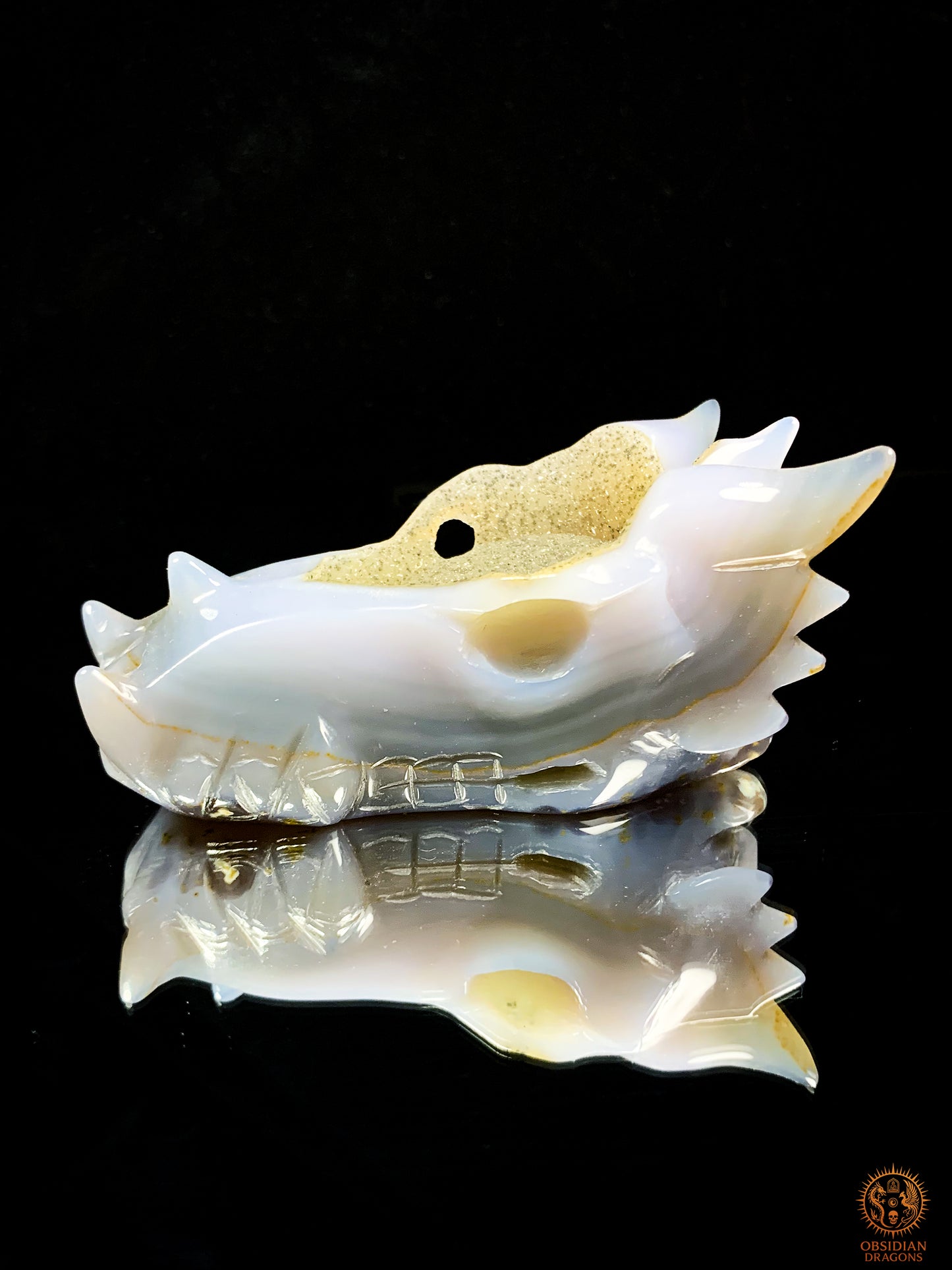 Crâne de Dragon en Agate – Géode de Quartz – Esprit des Brumes | obsidian dragons