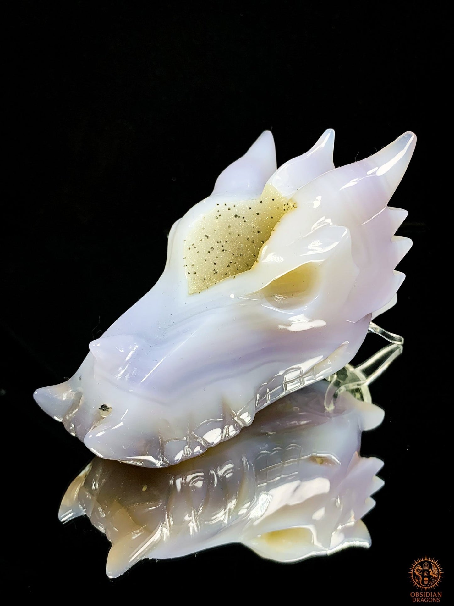 Crâne de Dragon en Agate – Géode de Quartz – Gardien des Brumes | obsidian dragons