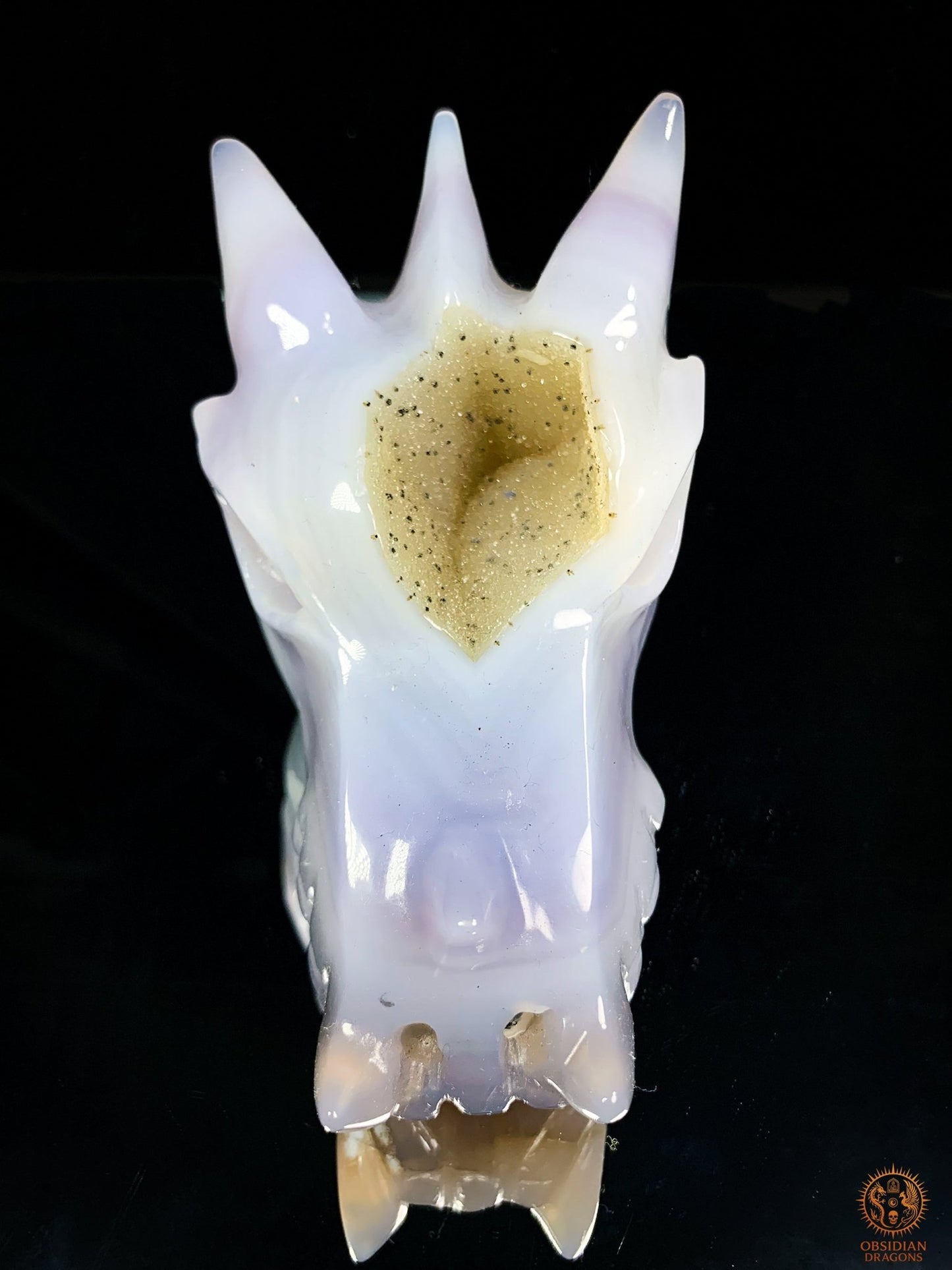 Crâne de Dragon en Agate – Géode de Quartz – Gardien des Brumes | obsidian dragons