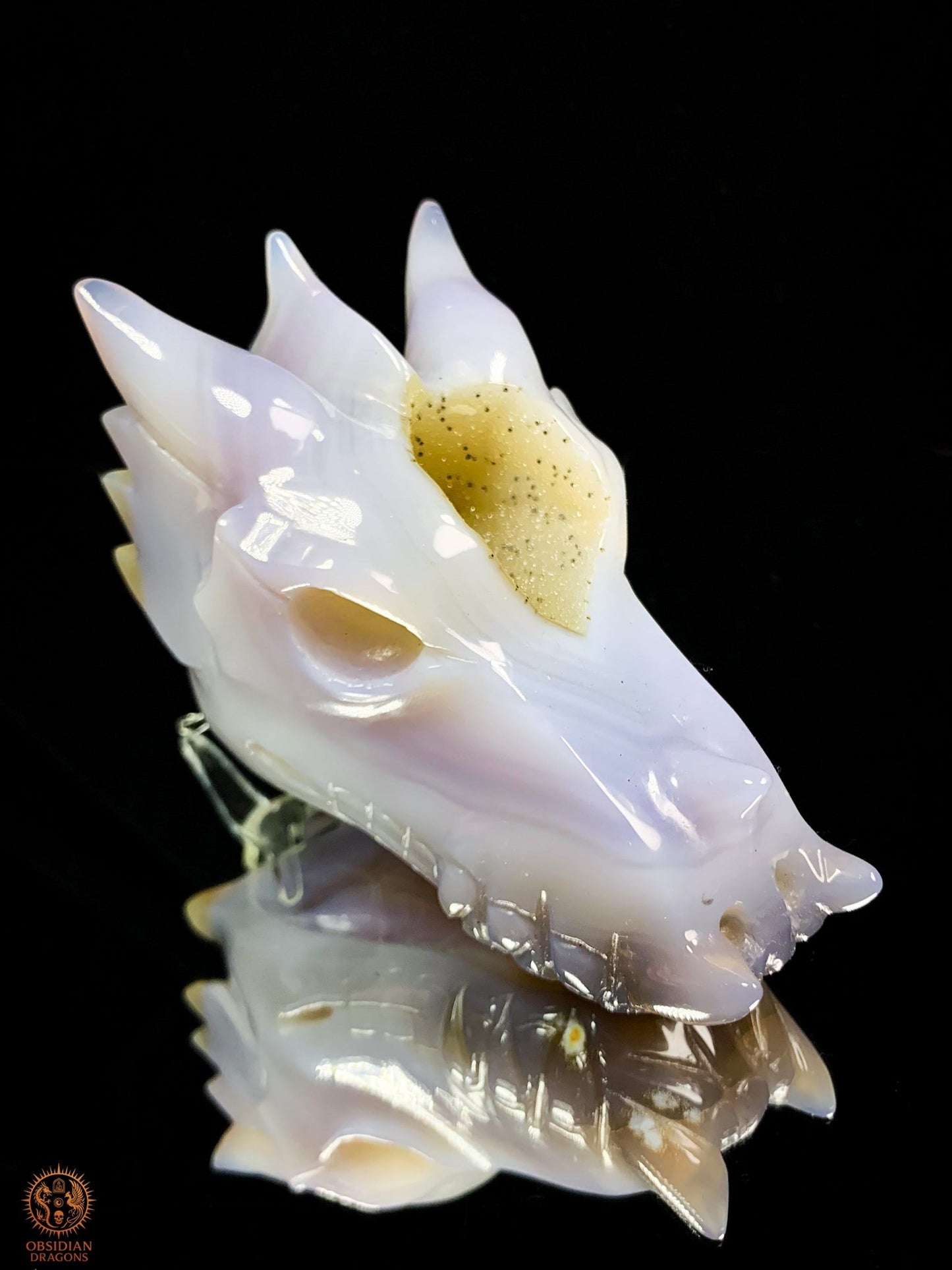 Crâne de Dragon en Agate – Géode de Quartz – Gardien des Brumes | obsidian dragons