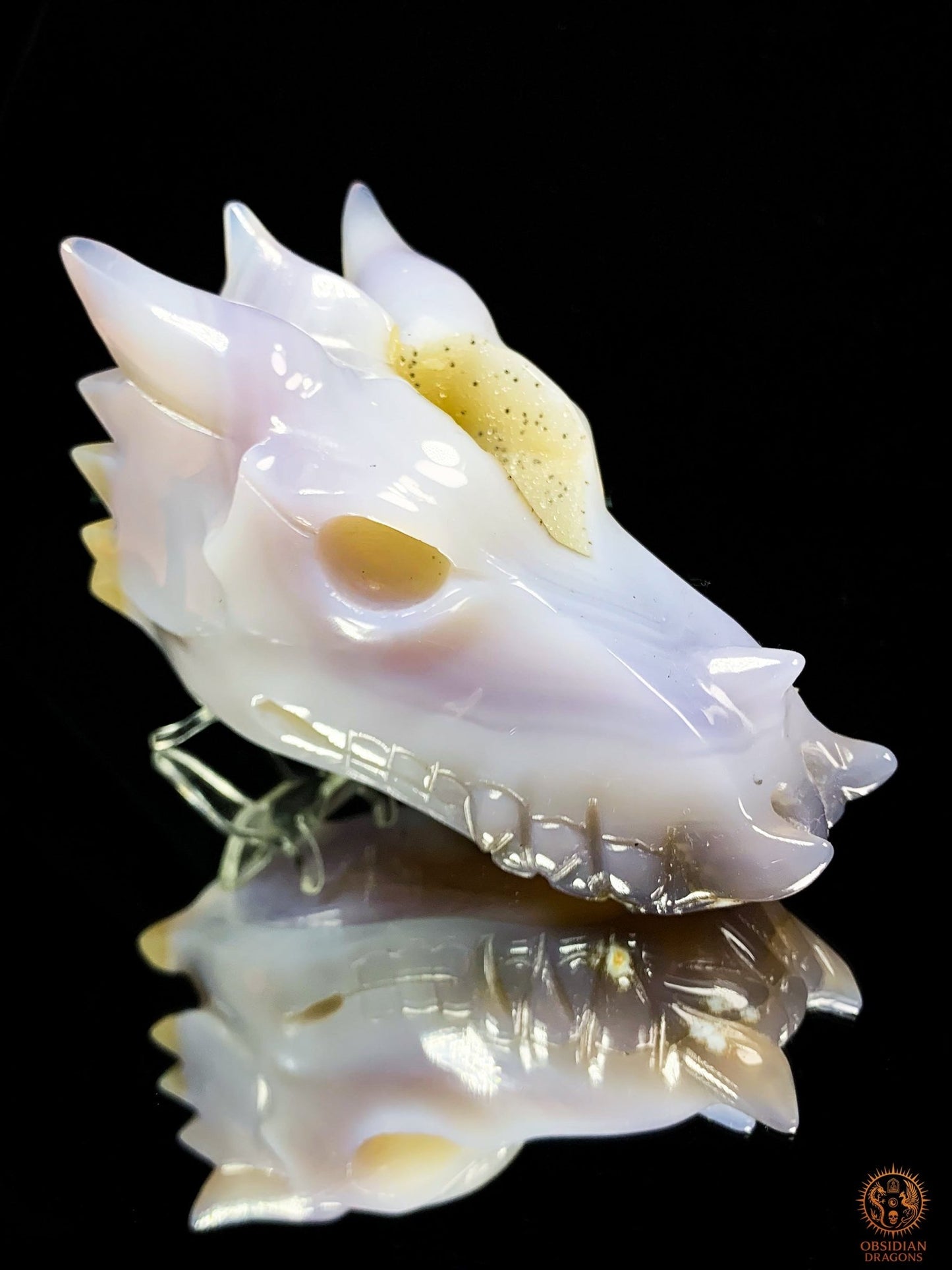 Crâne de Dragon en Agate – Géode de Quartz – Gardien des Brumes | obsidian dragons