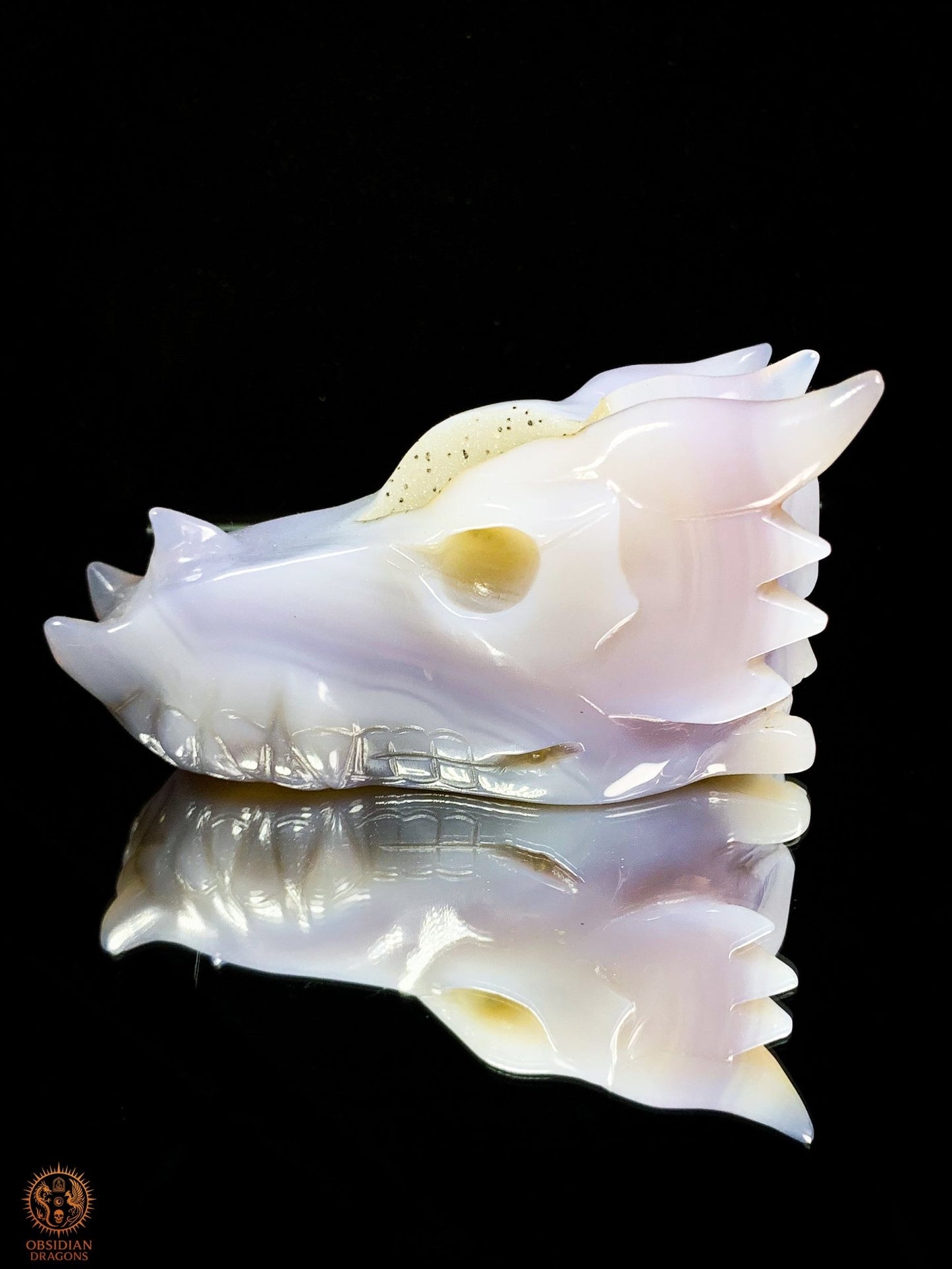Crâne de Dragon en Agate – Géode de Quartz – Gardien des Brumes | obsidian dragons