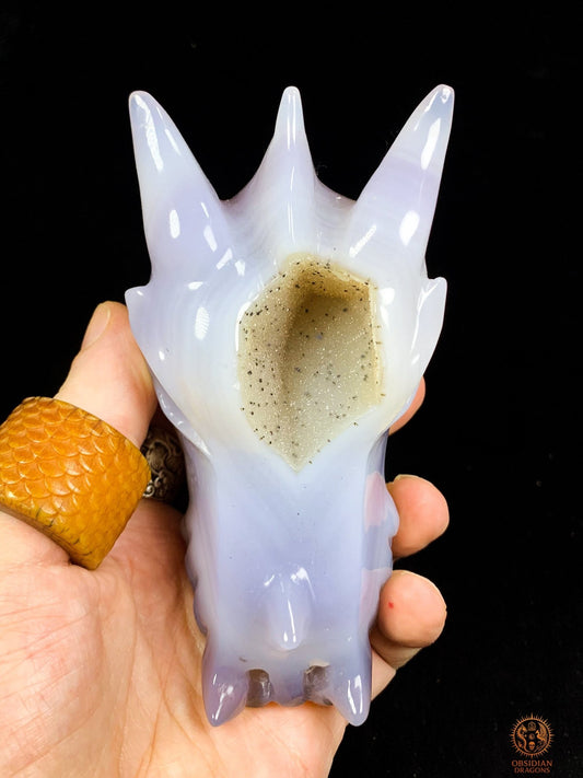 Crâne de Dragon en Agate – Géode de Quartz – Gardien des Brumes | obsidian dragons
