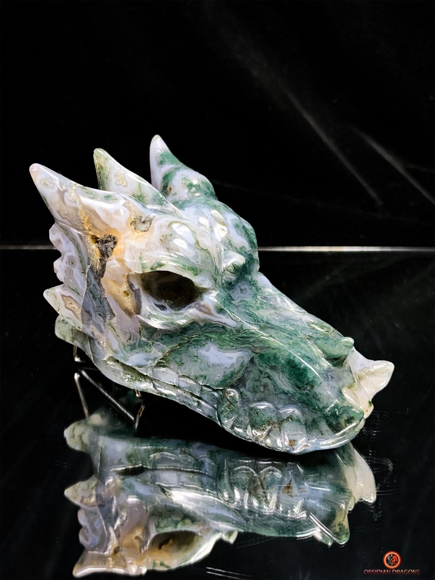 Crâne de Dragon en Agate Mousse - Puissance et Harmonie | obsidian dragons