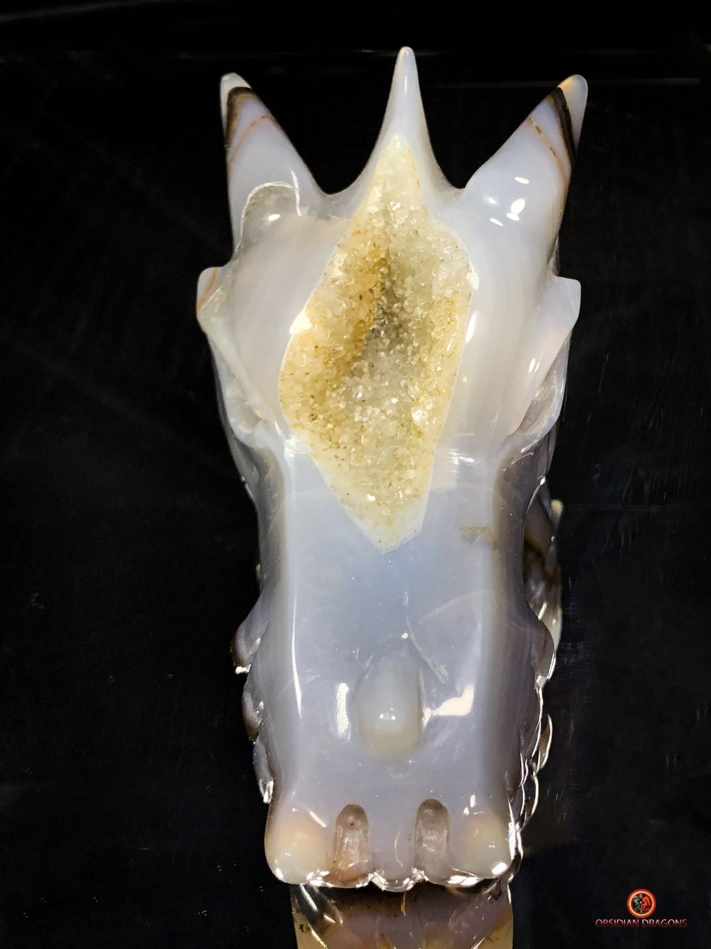 Crâne de Dragon en Géode de Quartz Citrine - Énergie et Lumière | obsidian dragons