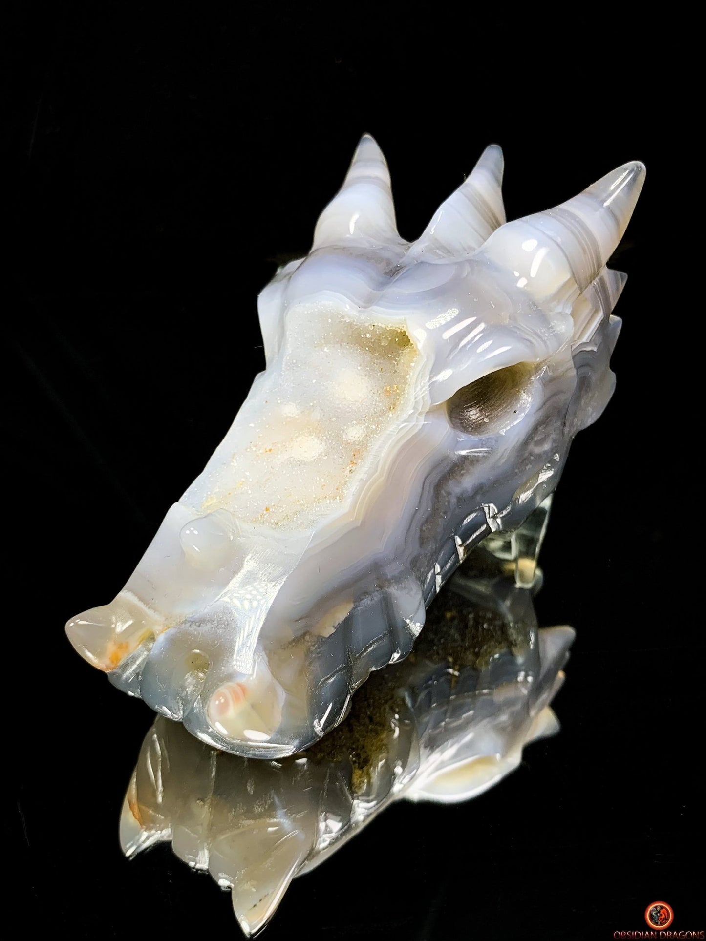 Crâne de Dragon en Géode de Quartz – Gardien des Brumes | obsidian dragons