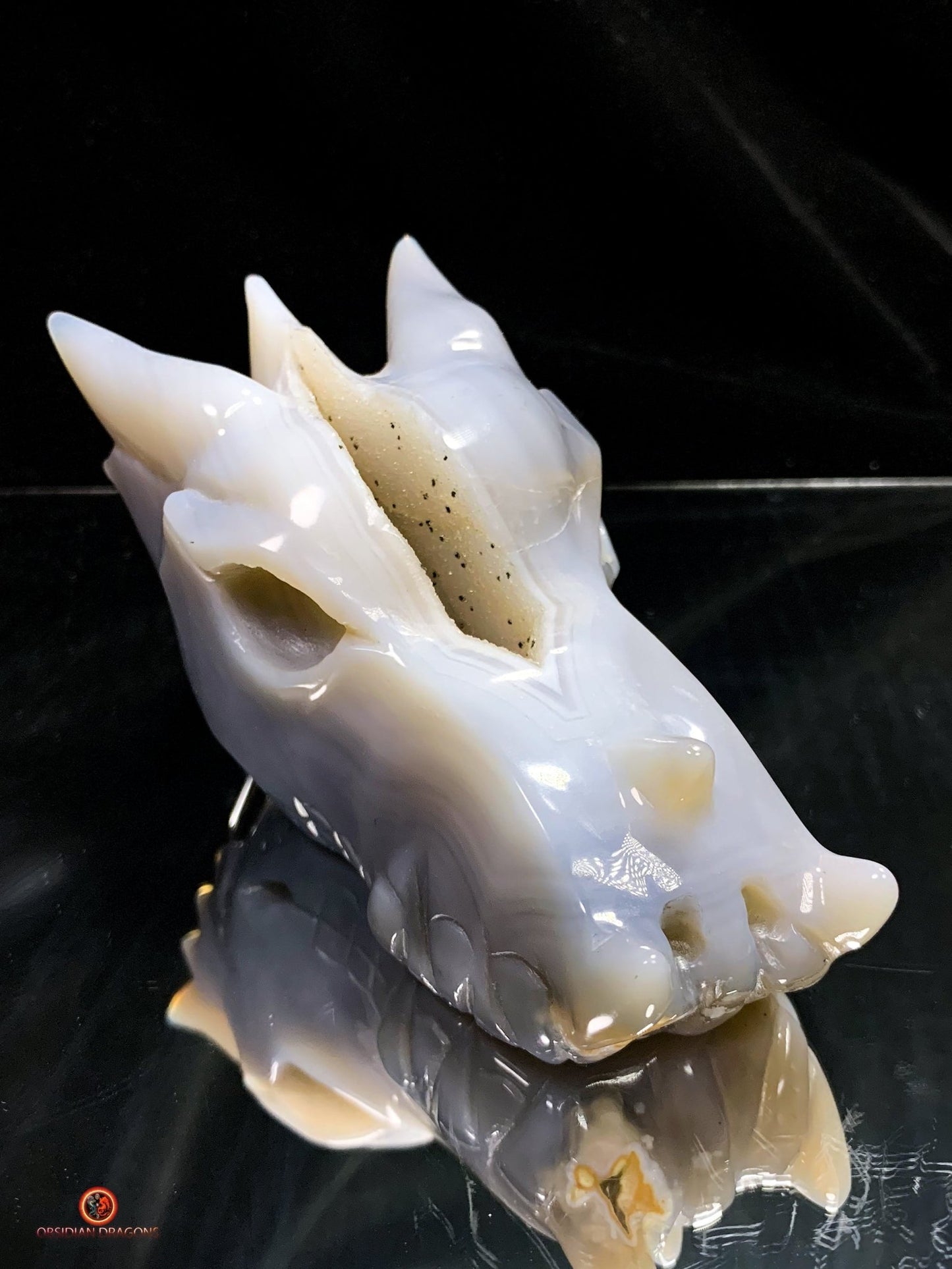 Crâne de Dragon en Géode de Quartz – Harmonie et Énergies | obsidian dragons