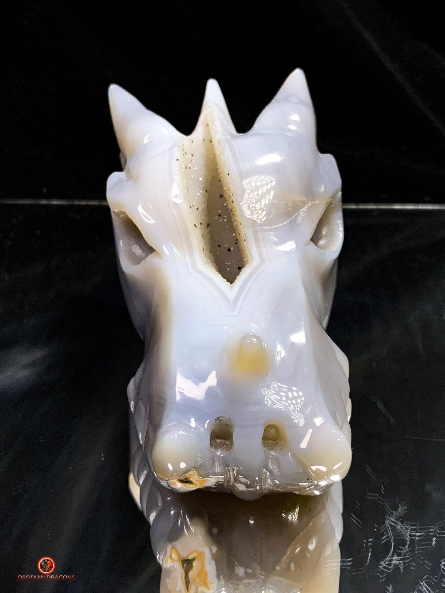 Crâne de Dragon en Géode de Quartz – Harmonie et Énergies | obsidian dragons