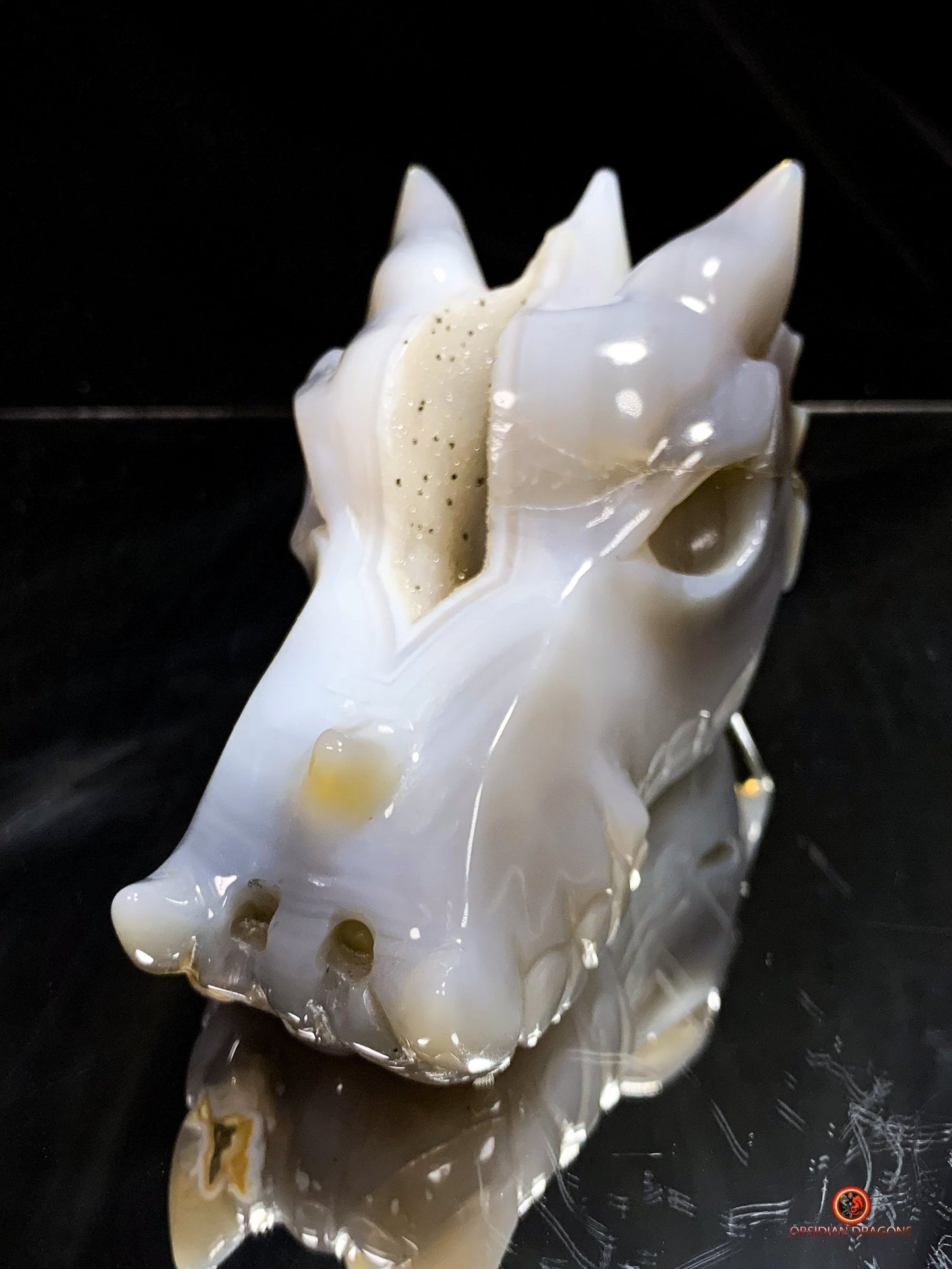 Crâne de Dragon en Géode de Quartz – Harmonie et Énergies | obsidian dragons