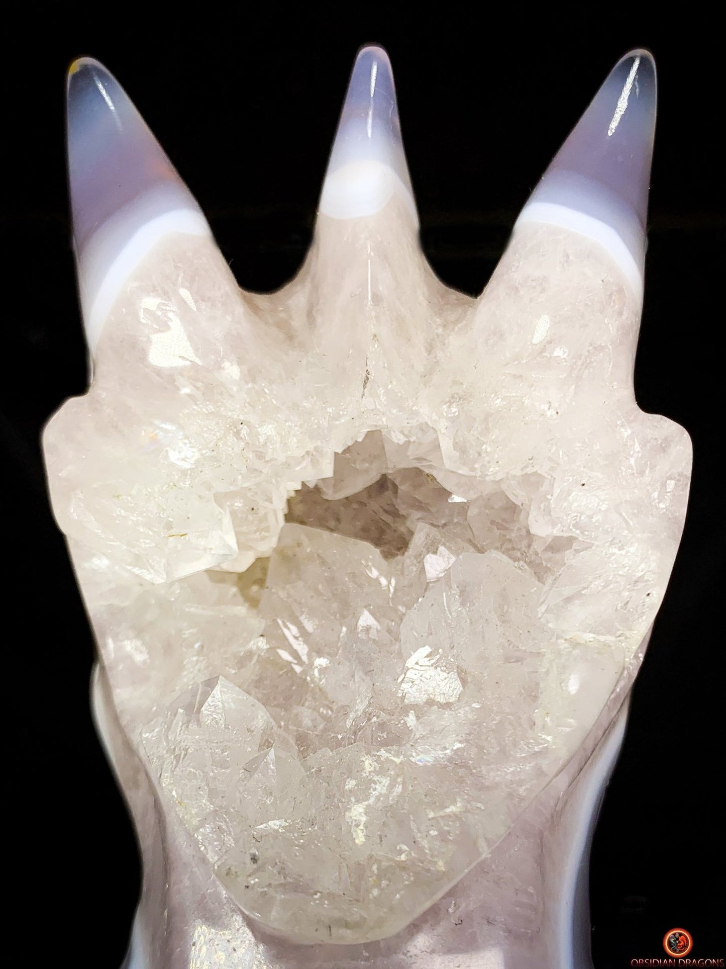 Crâne de Dragon en Géode de Quartz – Souffle de Cristal | obsidian dragons