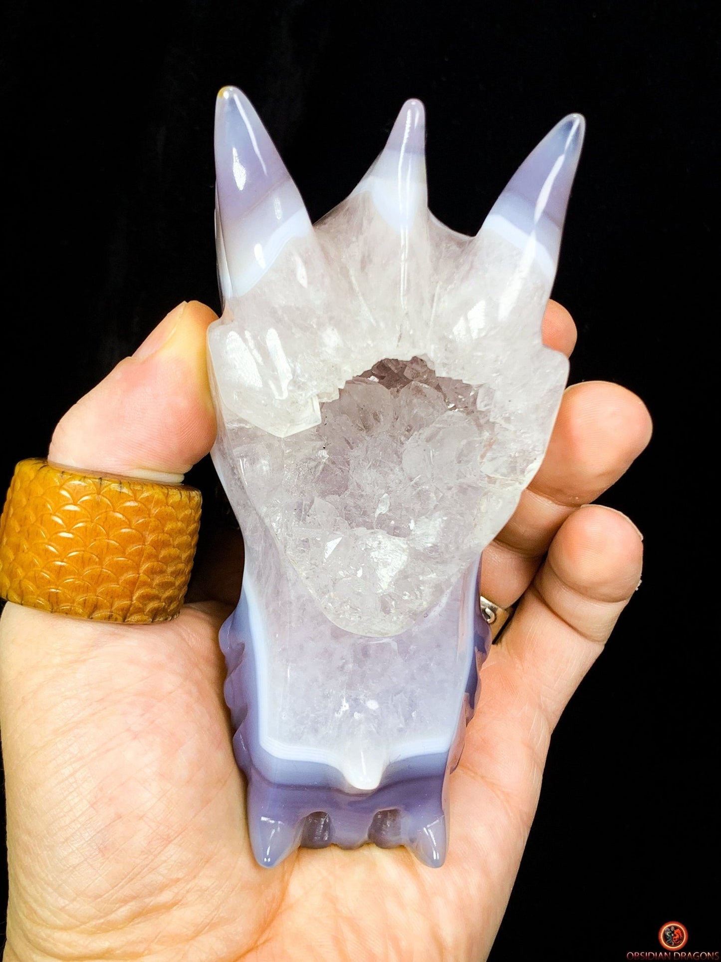 Crâne de Dragon en Géode de Quartz – Souffle de Cristal | obsidian dragons