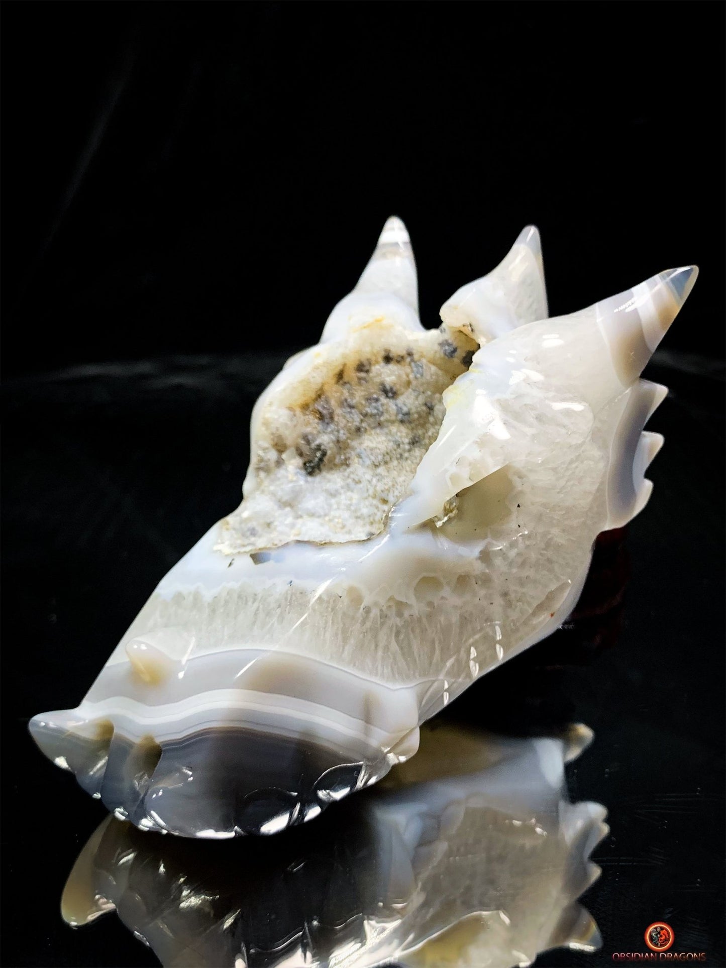 Crâne de Dragon en Géode de Quartz et Agate – Énergie Pure | obsidian dragons