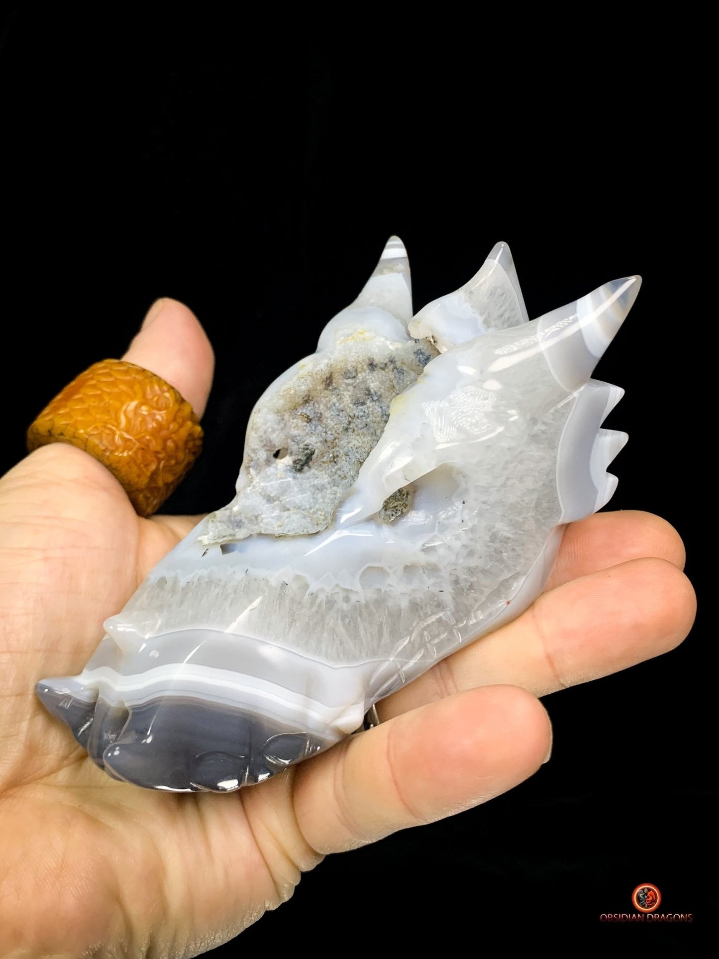 Crâne de Dragon en Géode de Quartz et Agate – Énergie Pure | obsidian dragons