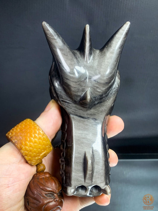 Crâne de Dragon en Obsidienne Argentée – Gardien d’Éclipse | obsidian dragons