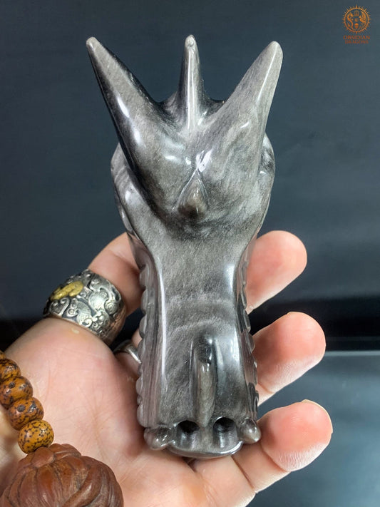 Crâne de Dragon en Obsidienne Argentée – Lame de Clarté | obsidian dragons