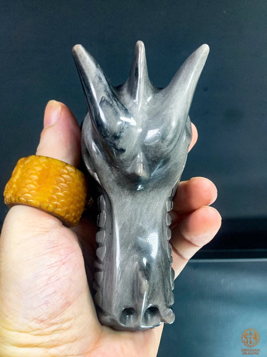 Crâne de Dragon en Obsidienne Argentée – Sentinelle des Ombres | obsidian dragons