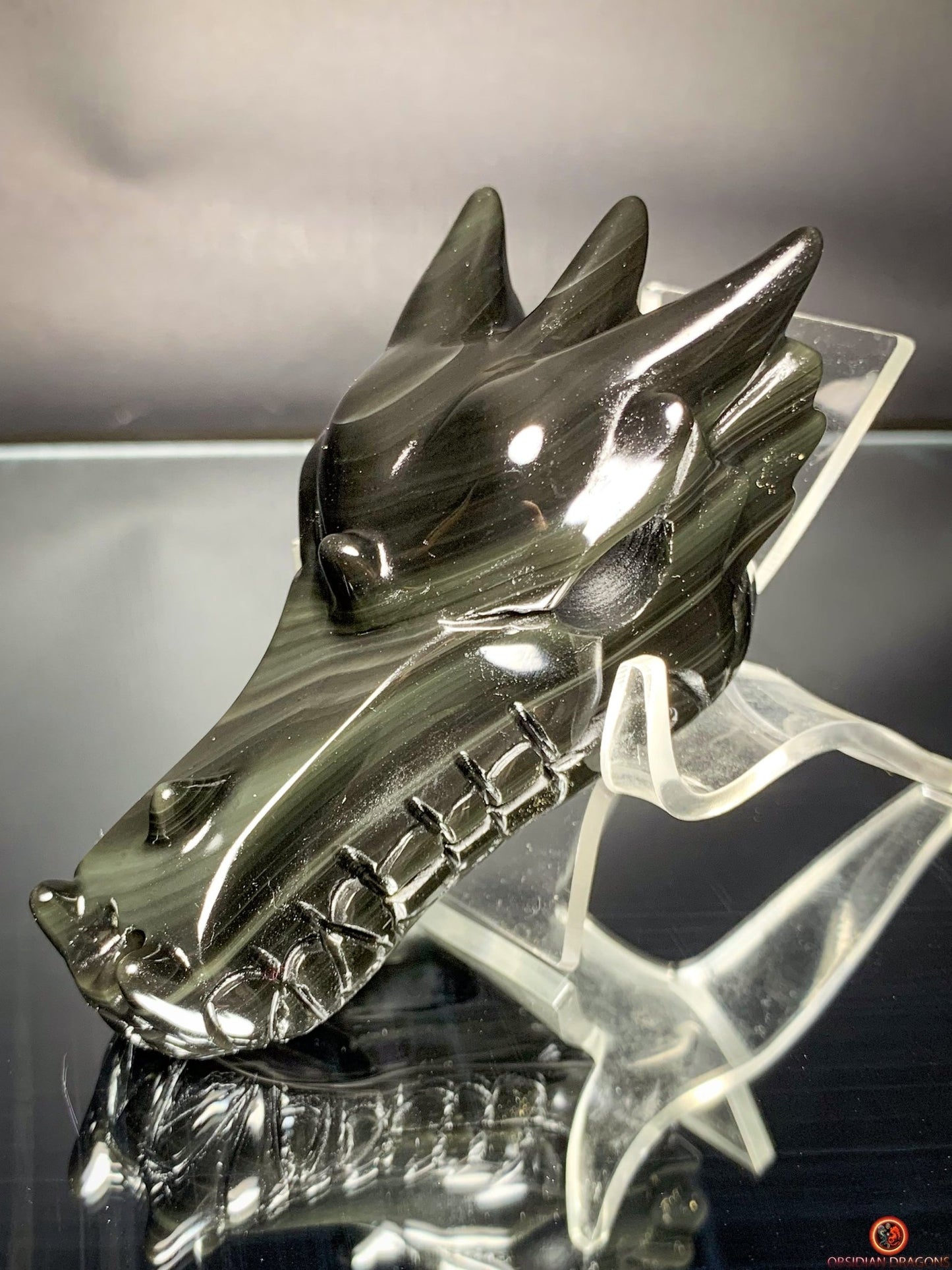Crâne de Dragon en Obsidienne Œil Céleste – Ombres et Lumières | obsidian dragons