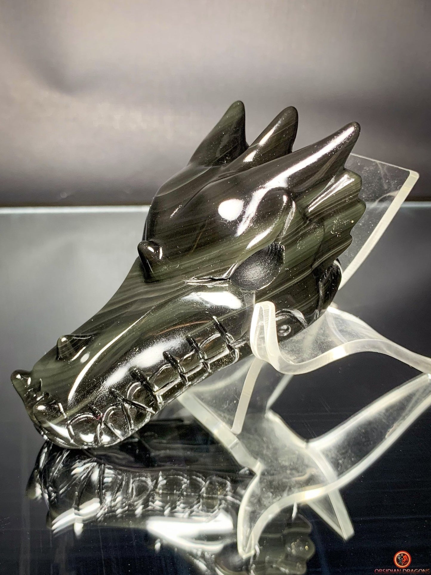 Crâne de Dragon en Obsidienne Œil Céleste – Ombres et Lumières | obsidian dragons