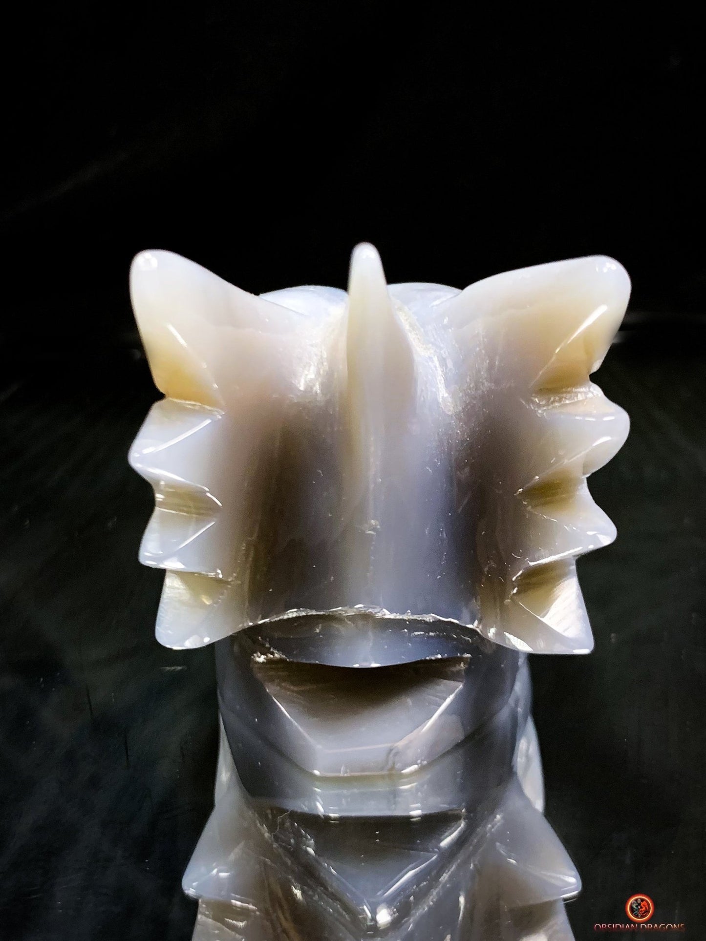 Crâne de Dragon en géode de quartz et agate – Équilibre et Lumière | obsidian dragons