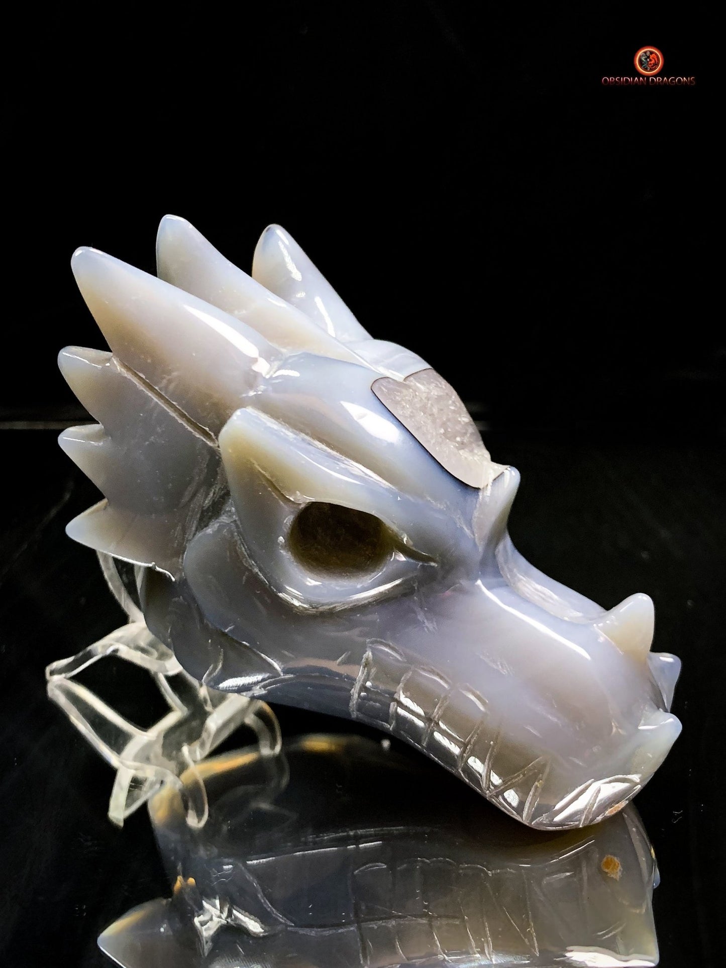 Crâne de Dragon en géode de quartz et agate – Équilibre et Lumière - obsidian dragons