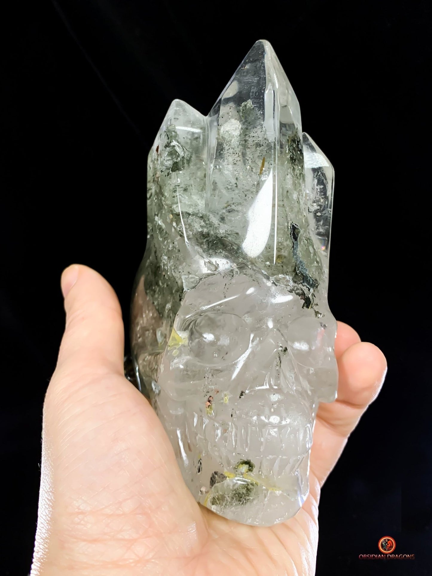 Crâne de cristal en quartz chlorite - Pièce Unique Sculptée | obsidian dragons