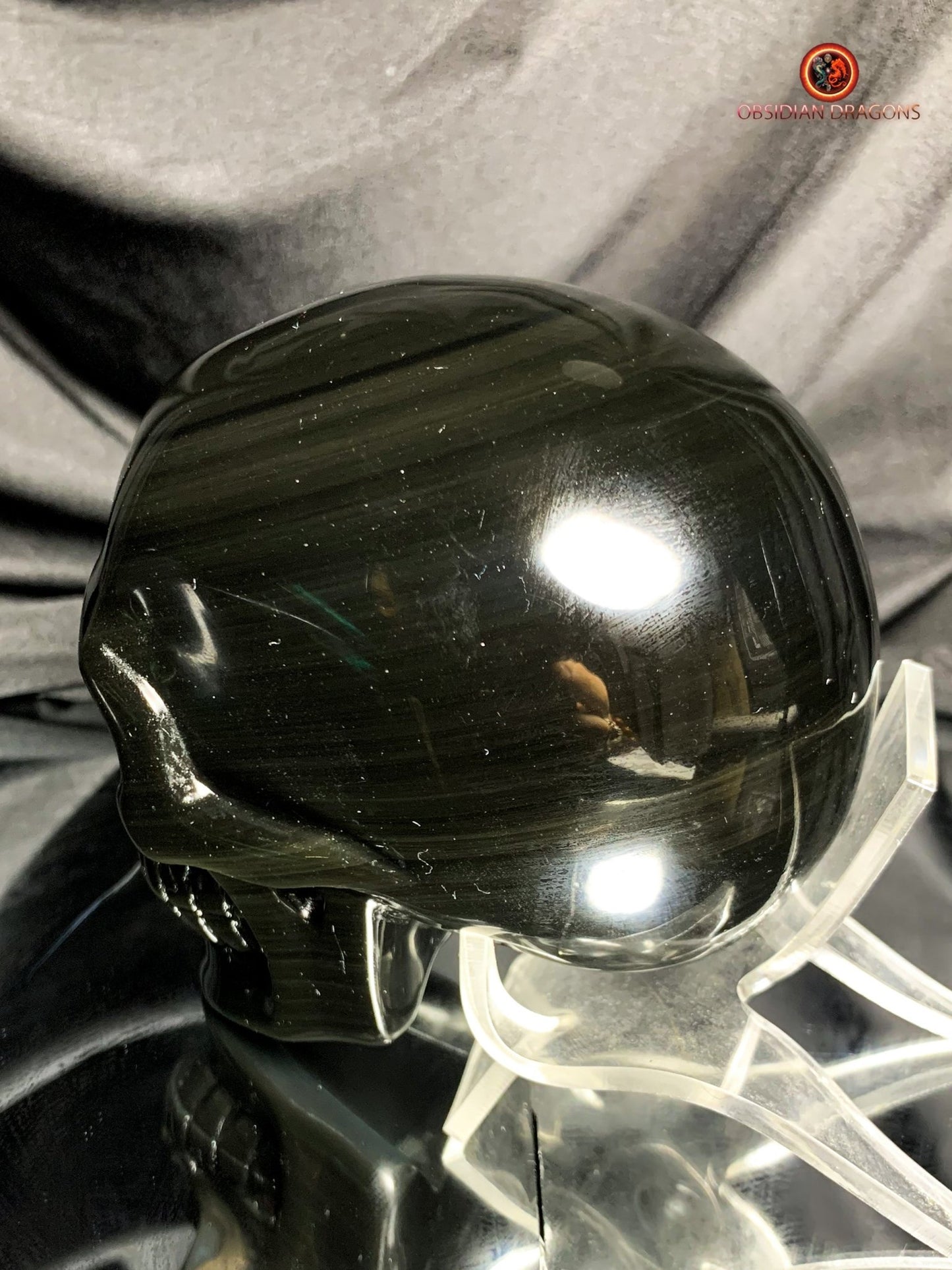 Crâne en obsidienne œil céleste - Sculpture spirituelle rare | obsidian dragons