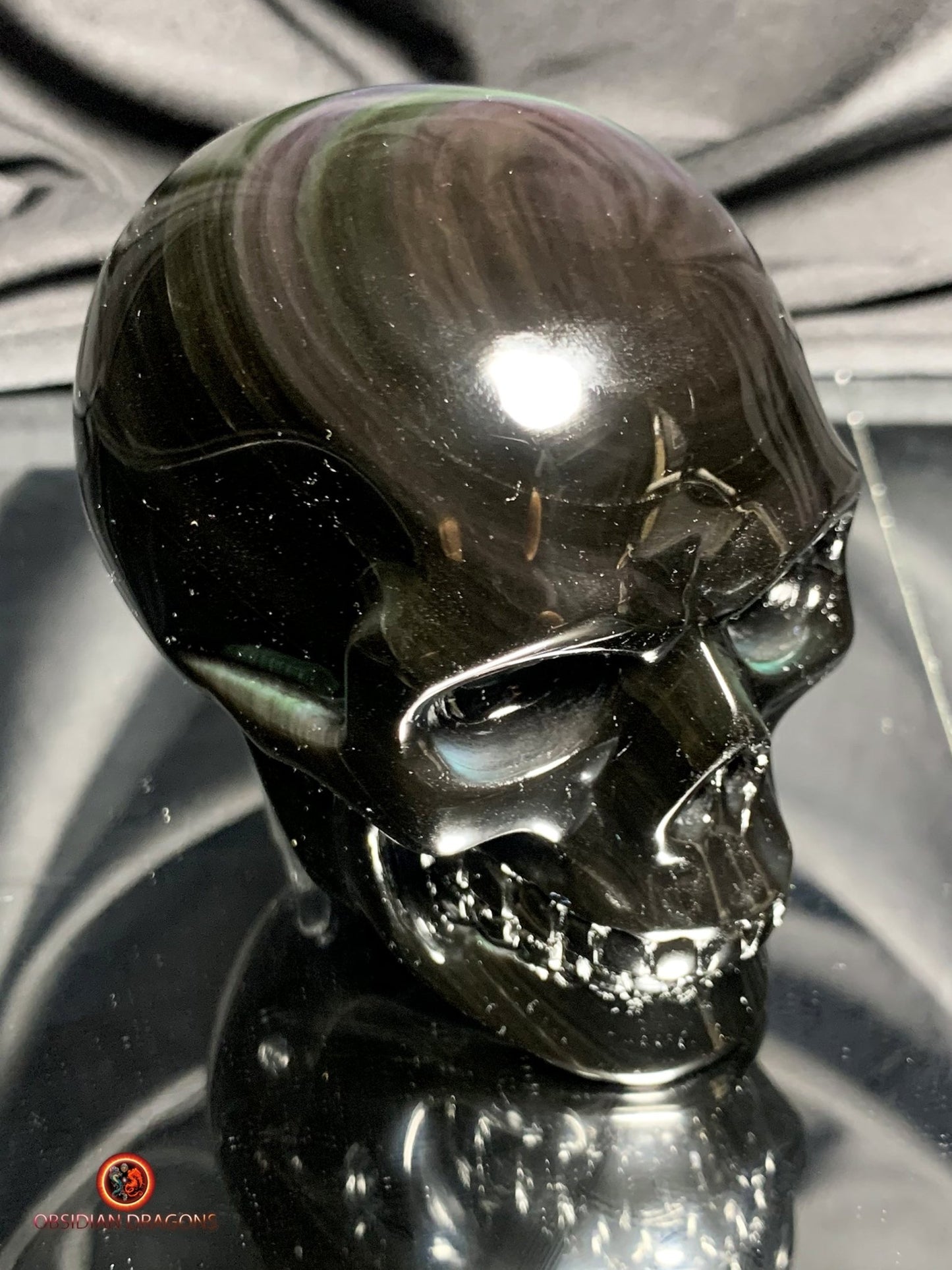 Crâne en obsidienne œil céleste- Sculpture spirituelle rare | obsidian dragons