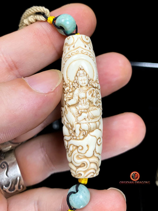 DZI de Tara Verte - Perle Tibétaine Sacrée- Bois de Cerf | obsidian dragons