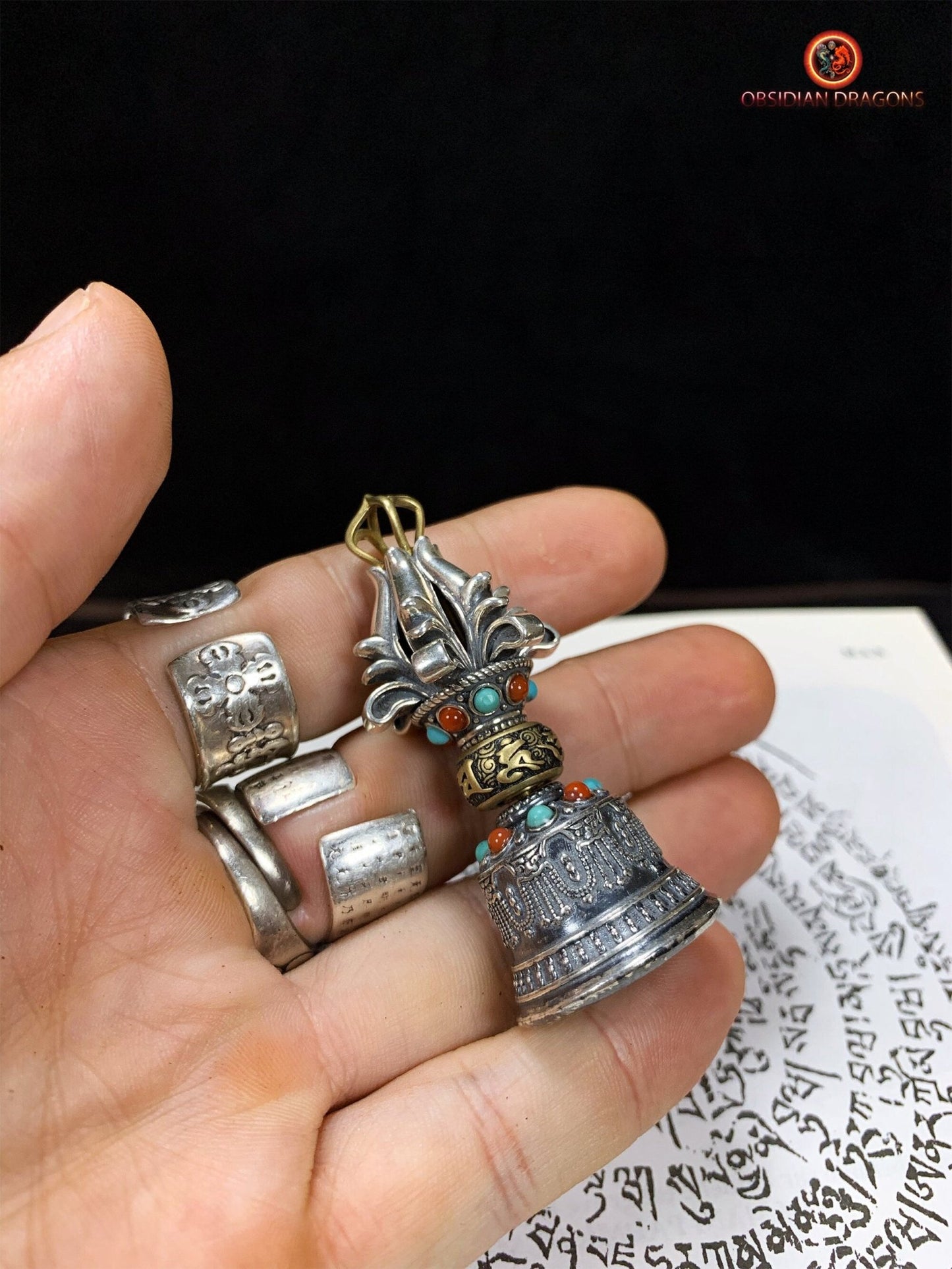 Dorje et Drilbou en Argent - Amulettes Rituelles Tibétaines - obsidian dragons