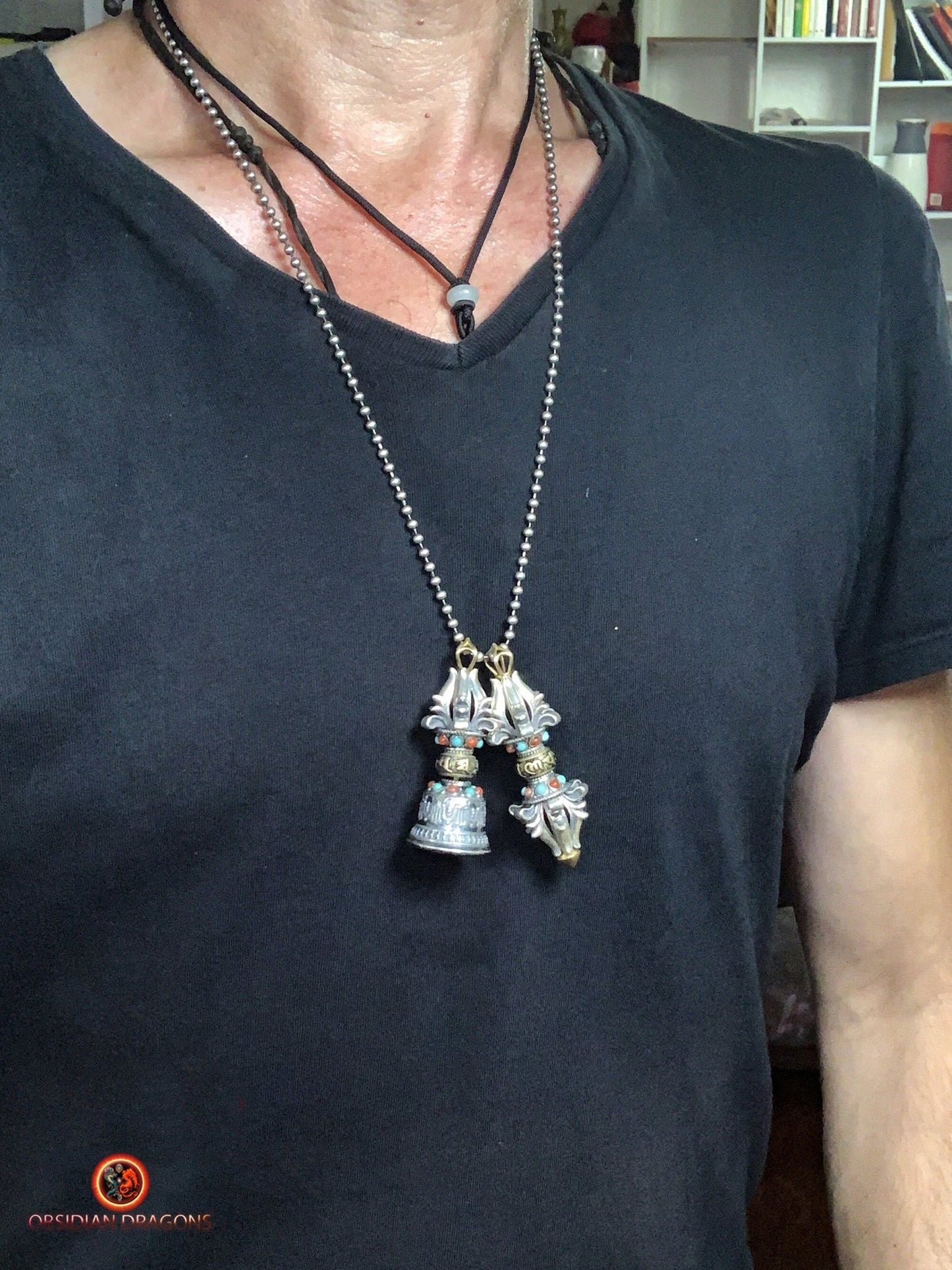 Dorje et Drilbou en Argent - Amulettes Rituelles Tibétaines - obsidian dragons