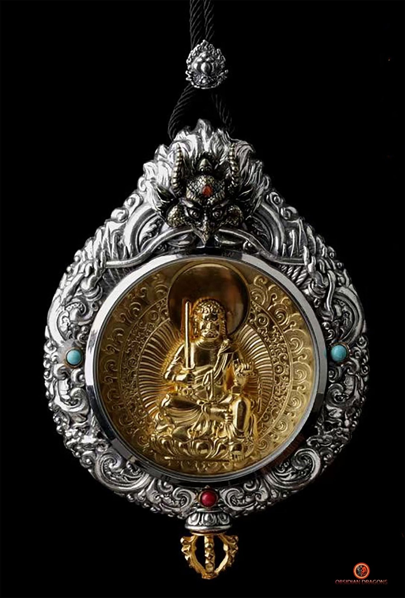 Ghau Bouddha Acala - Amulette Bouddhiste en Argent et or | obsidian dragons