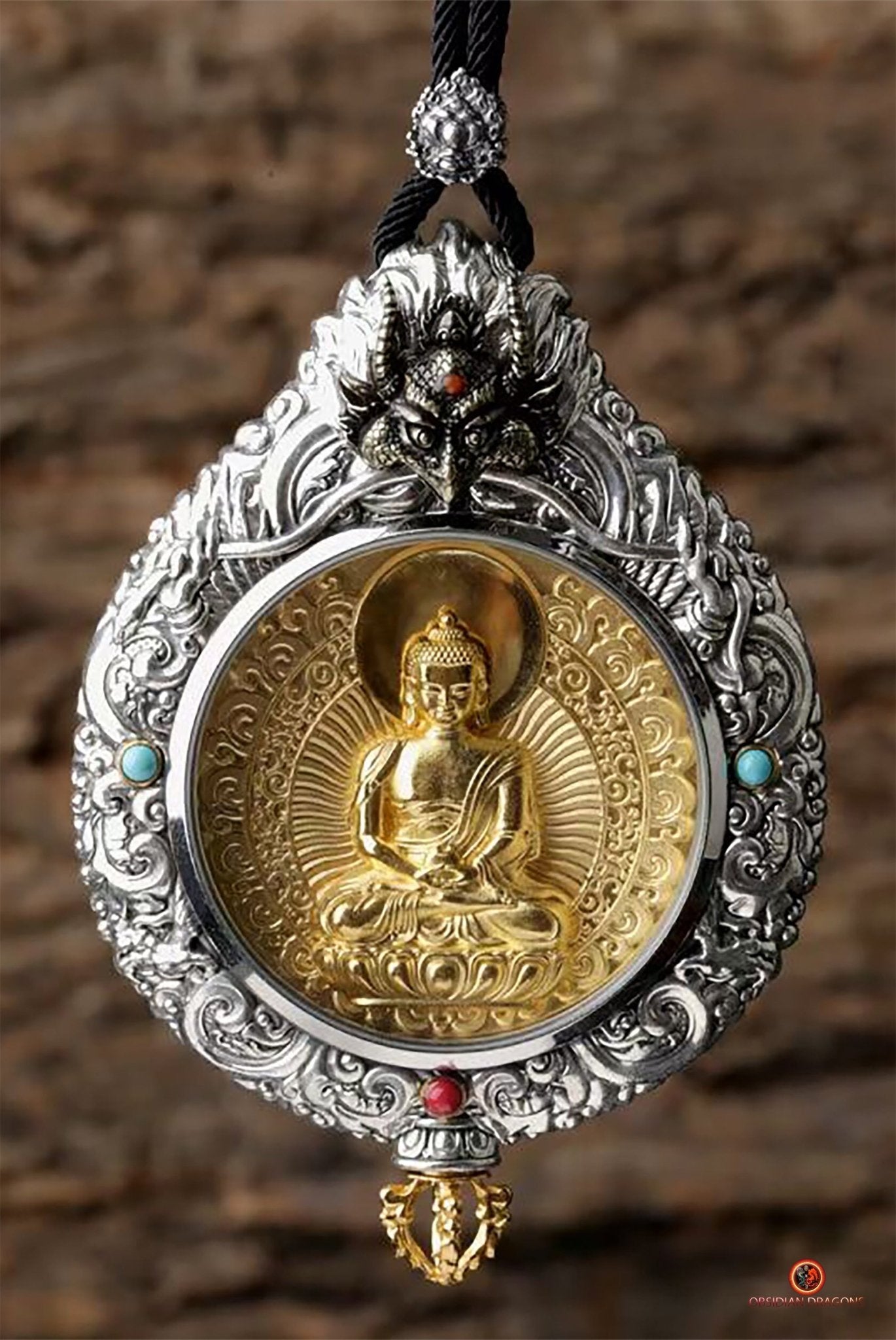 Ghau Bouddha Amitabha - Amulette Bouddhiste en Argent et or | obsidian dragons