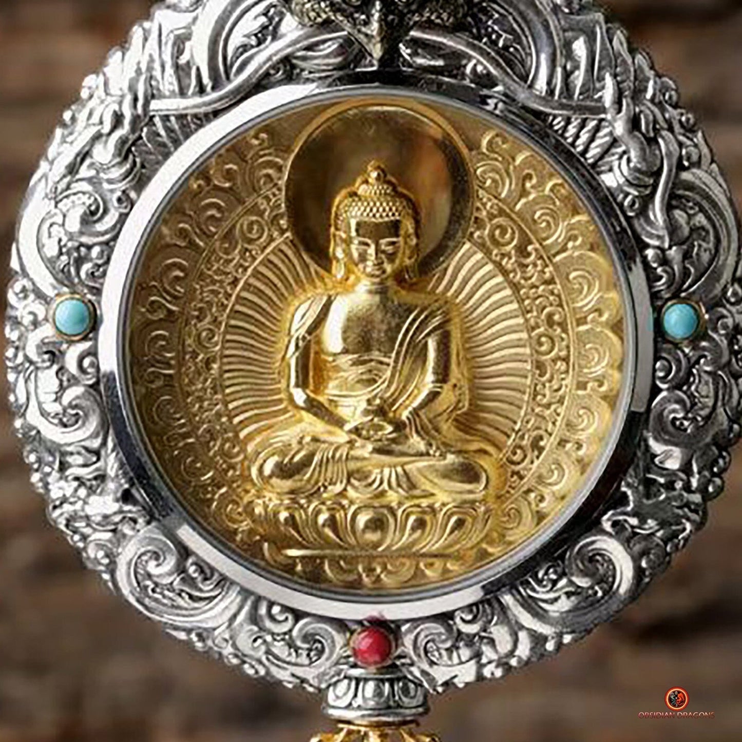 Ghau Bouddha Amitabha - Amulette Bouddhiste en Argent et or | obsidian dragons