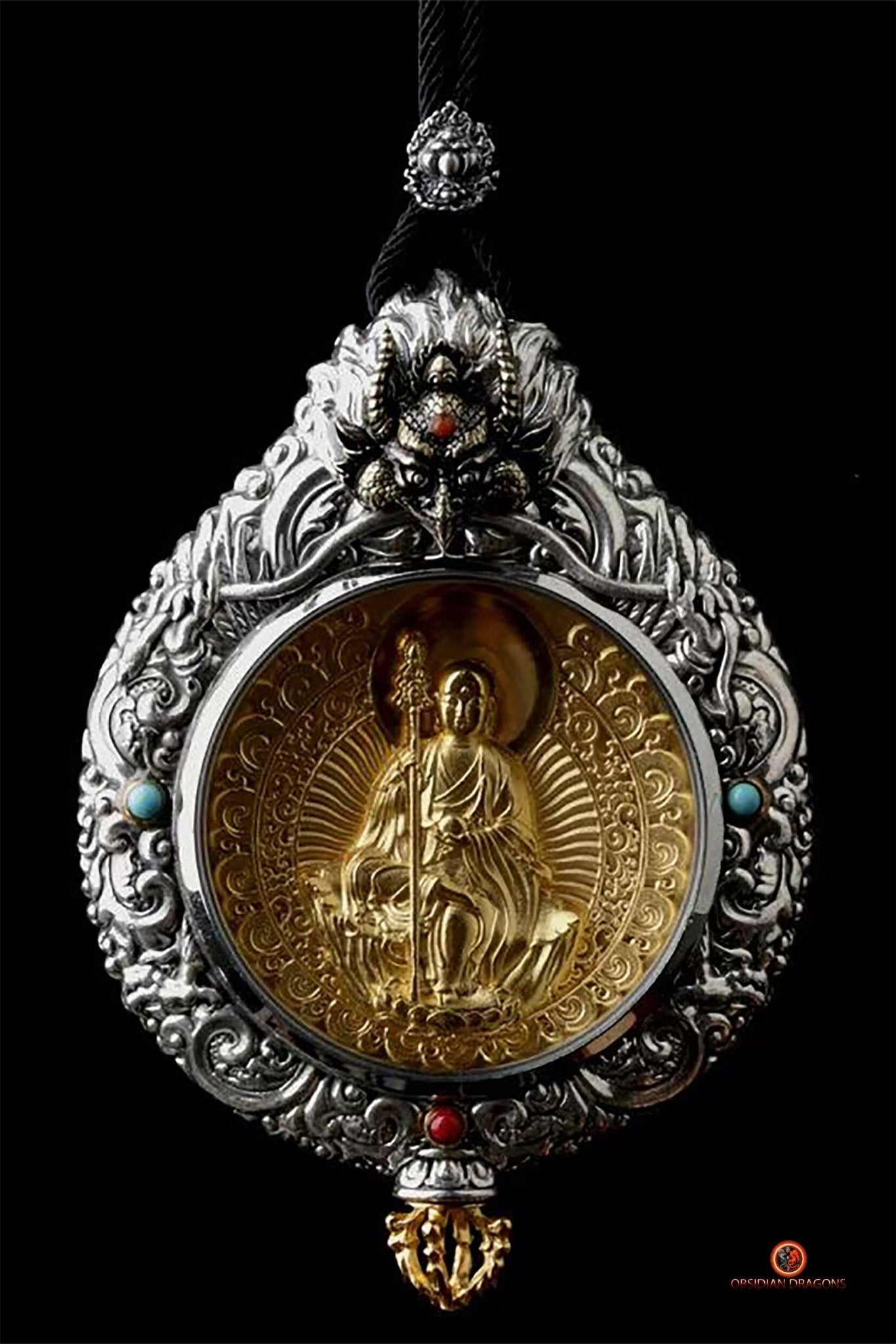 Ghau Bouddha Dizang - Amulette Bouddhiste en Argent et or | obsidian dragons