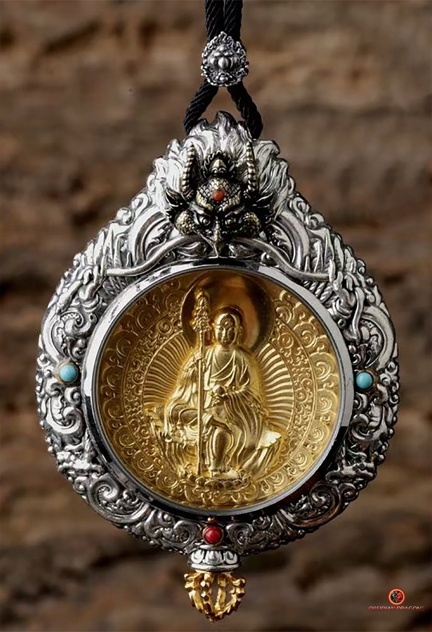 Ghau Bouddha Dizang - Amulette Bouddhiste en Argent et or | obsidian dragons