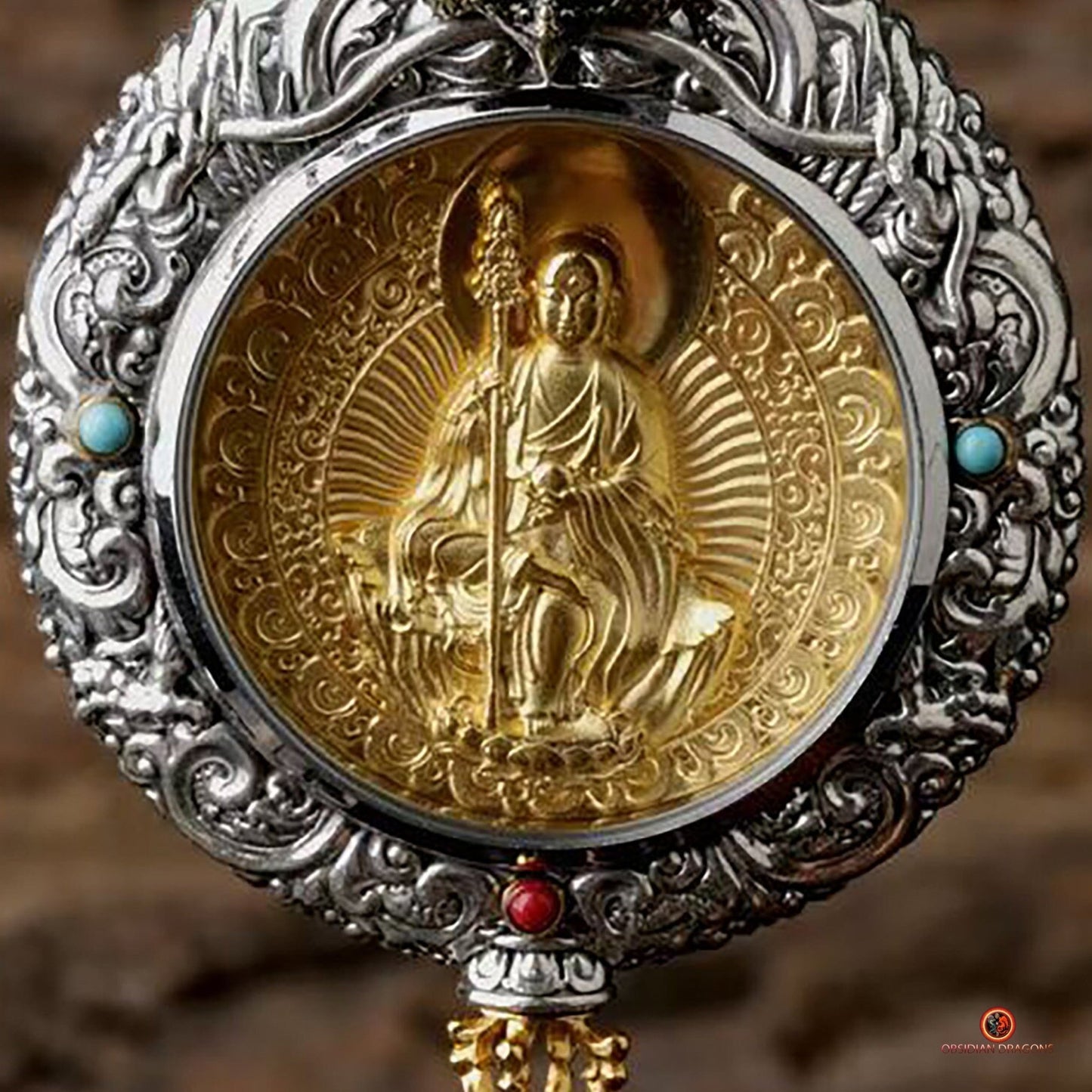 Ghau Bouddha Dizang - Amulette Bouddhiste en Argent et or | obsidian dragons