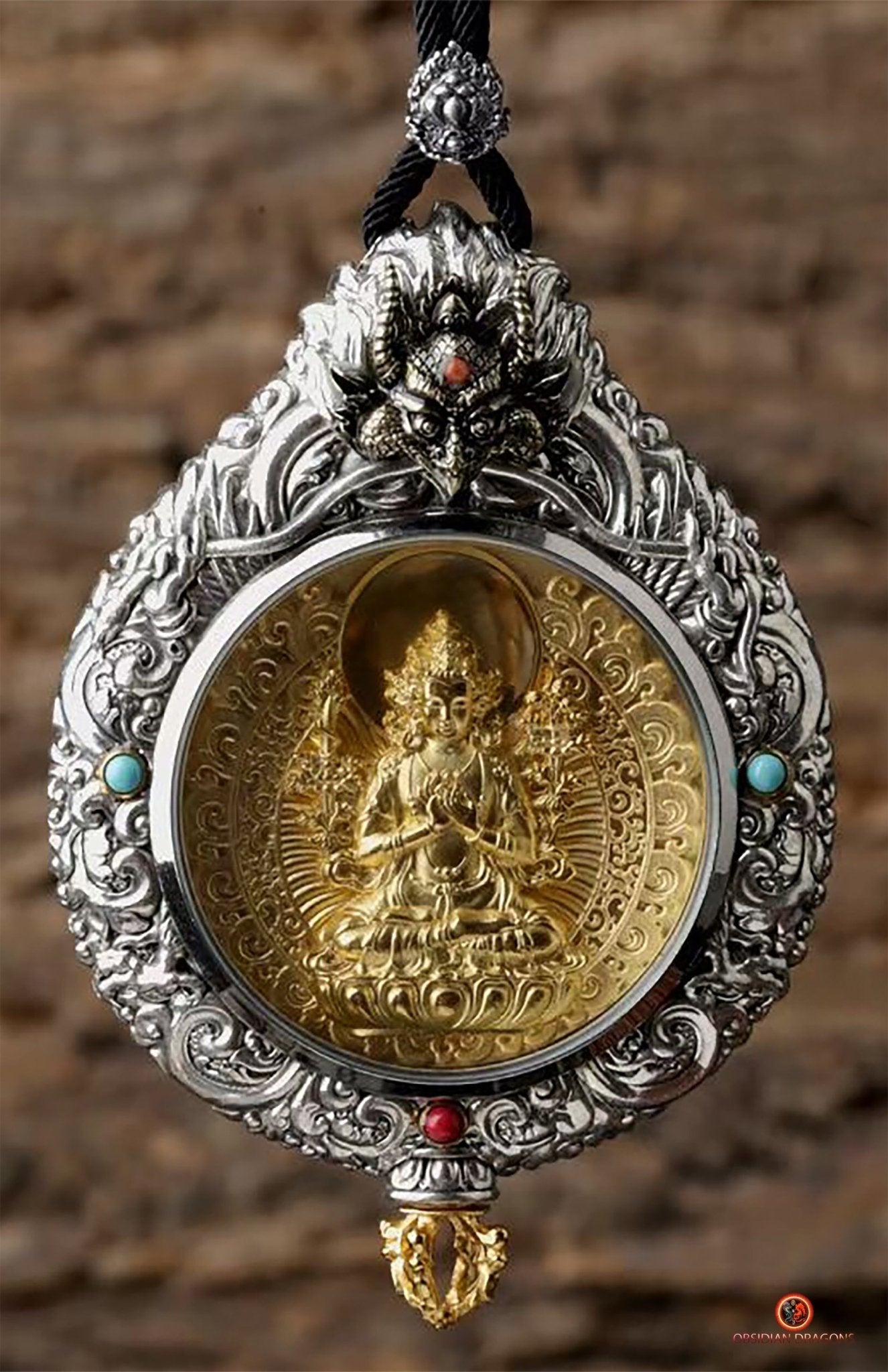 Ghau Bouddha Manjushri - Amulette Bouddhiste en Argent et or | obsidian dragons