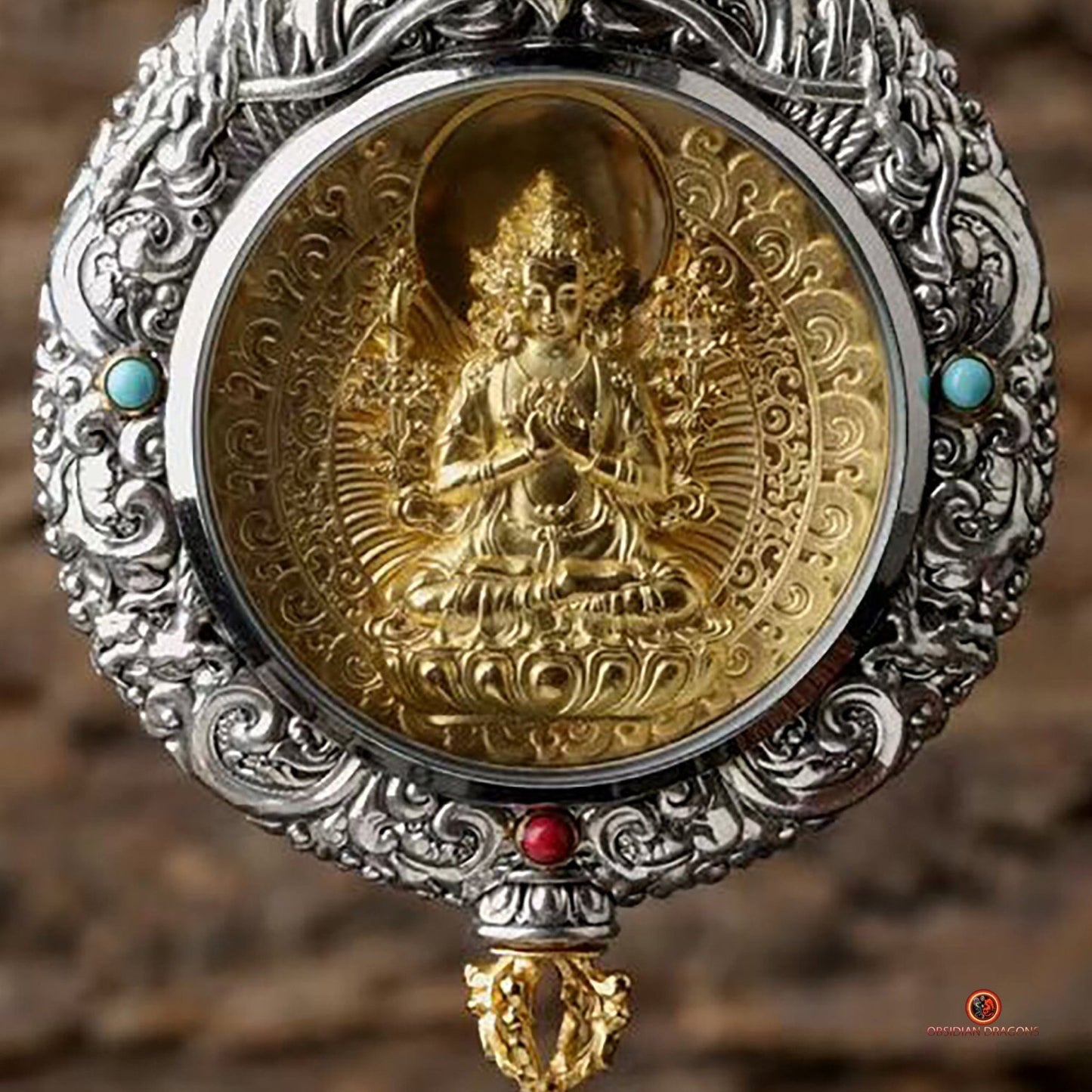 Ghau Bouddha Manjushri - Amulette Bouddhiste en Argent et or | obsidian dragons