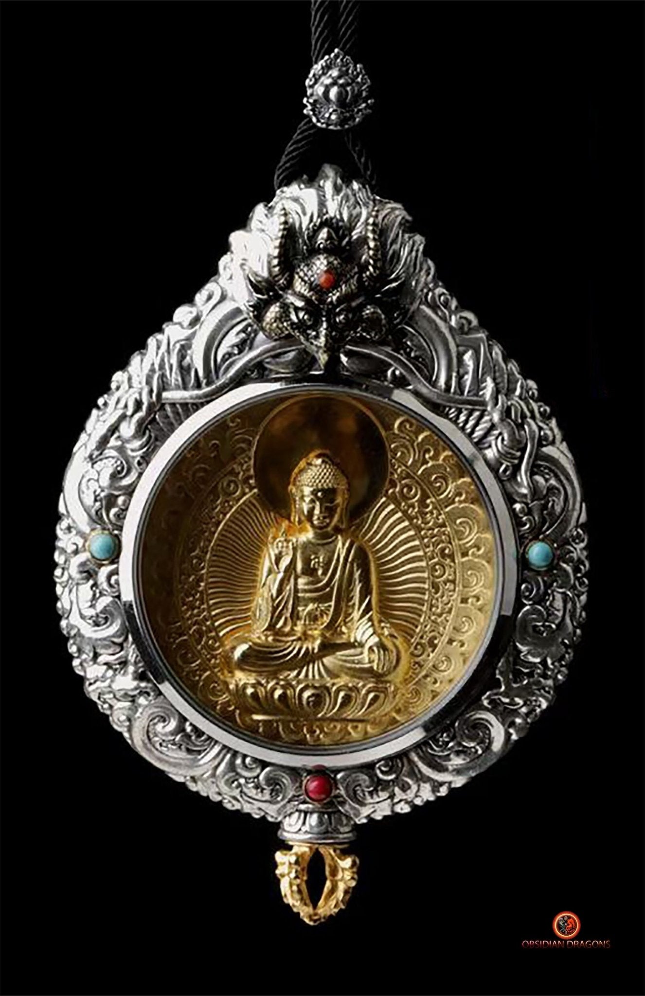 Ghau Bouddha Vairocana - Amulette Bouddhiste en Argent et or | obsidian dragons