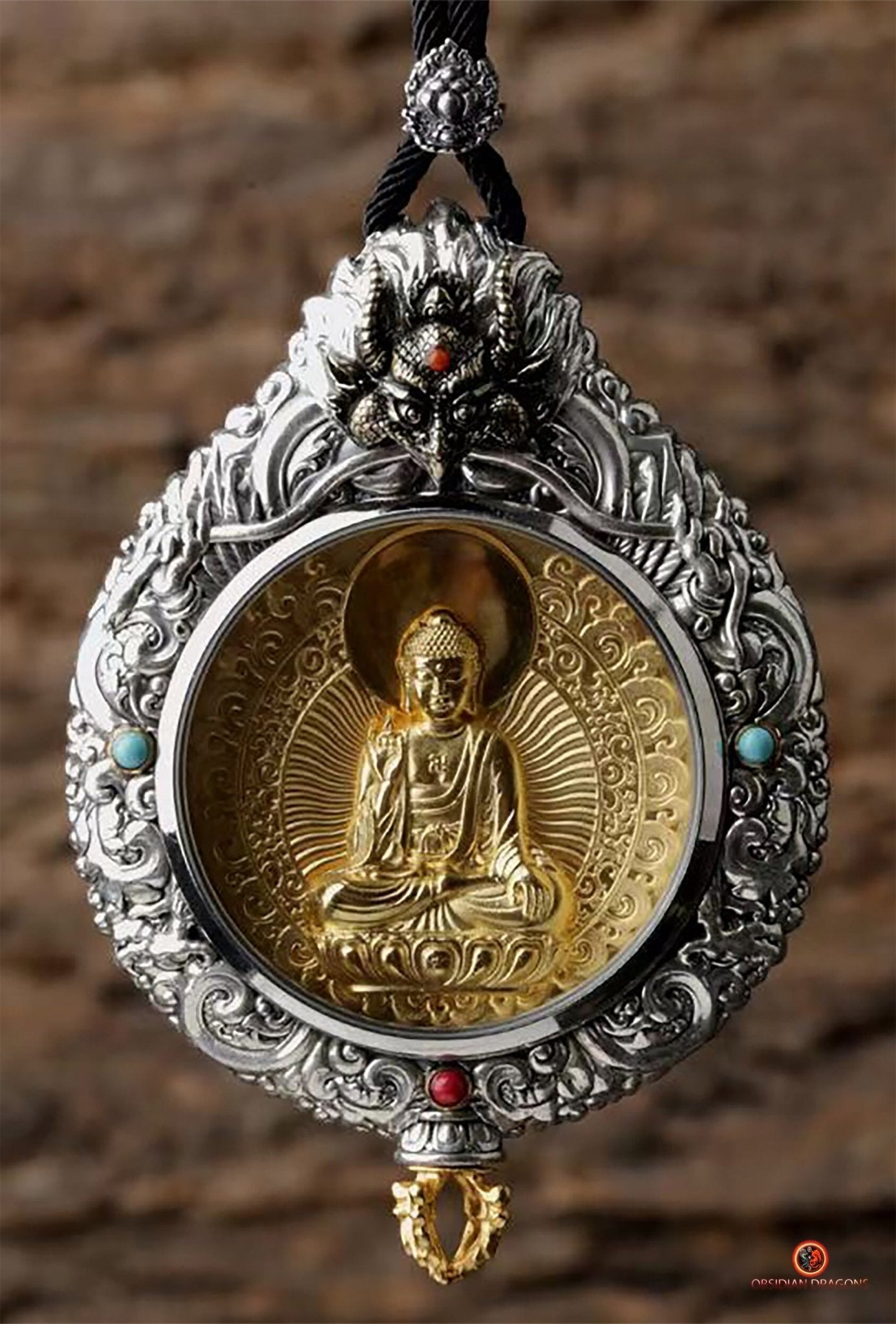 Ghau Bouddha Vairocana - Amulette Bouddhiste en Argent et or | obsidian dragons