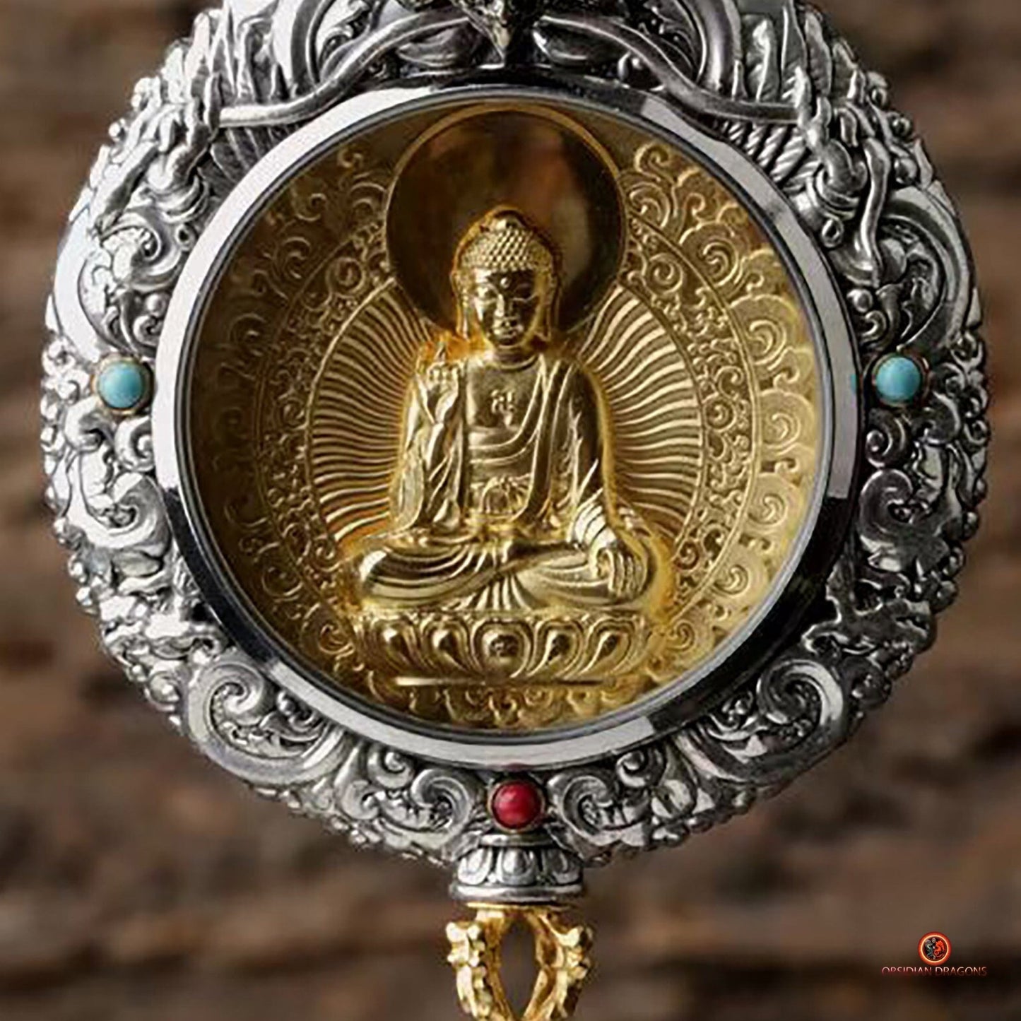 Ghau Bouddha Vairocana - Amulette Bouddhiste en Argent et or | obsidian dragons