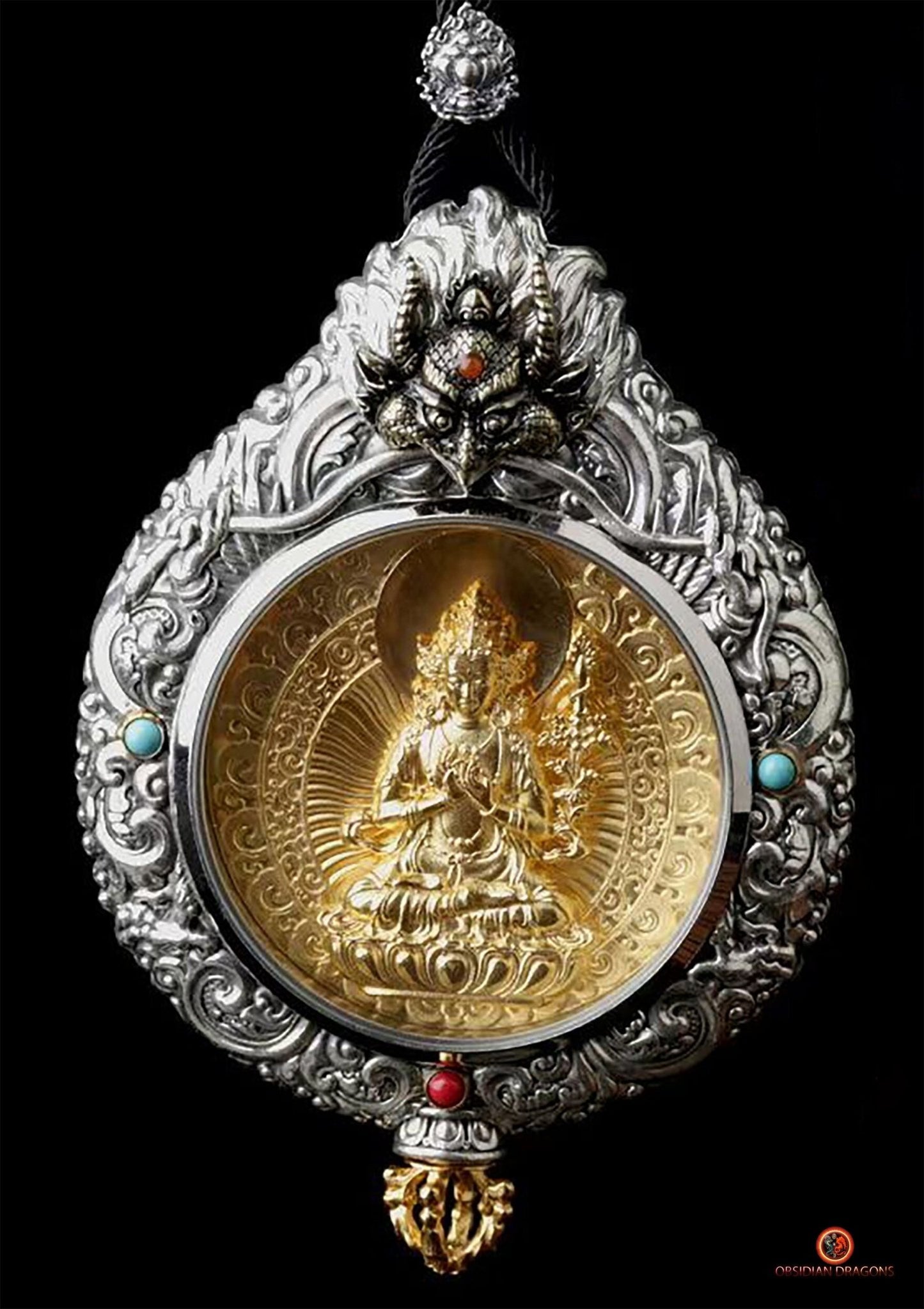 Ghau Bouddha akashagarbha - Amulette Bouddhiste en Argent et or | obsidian dragons