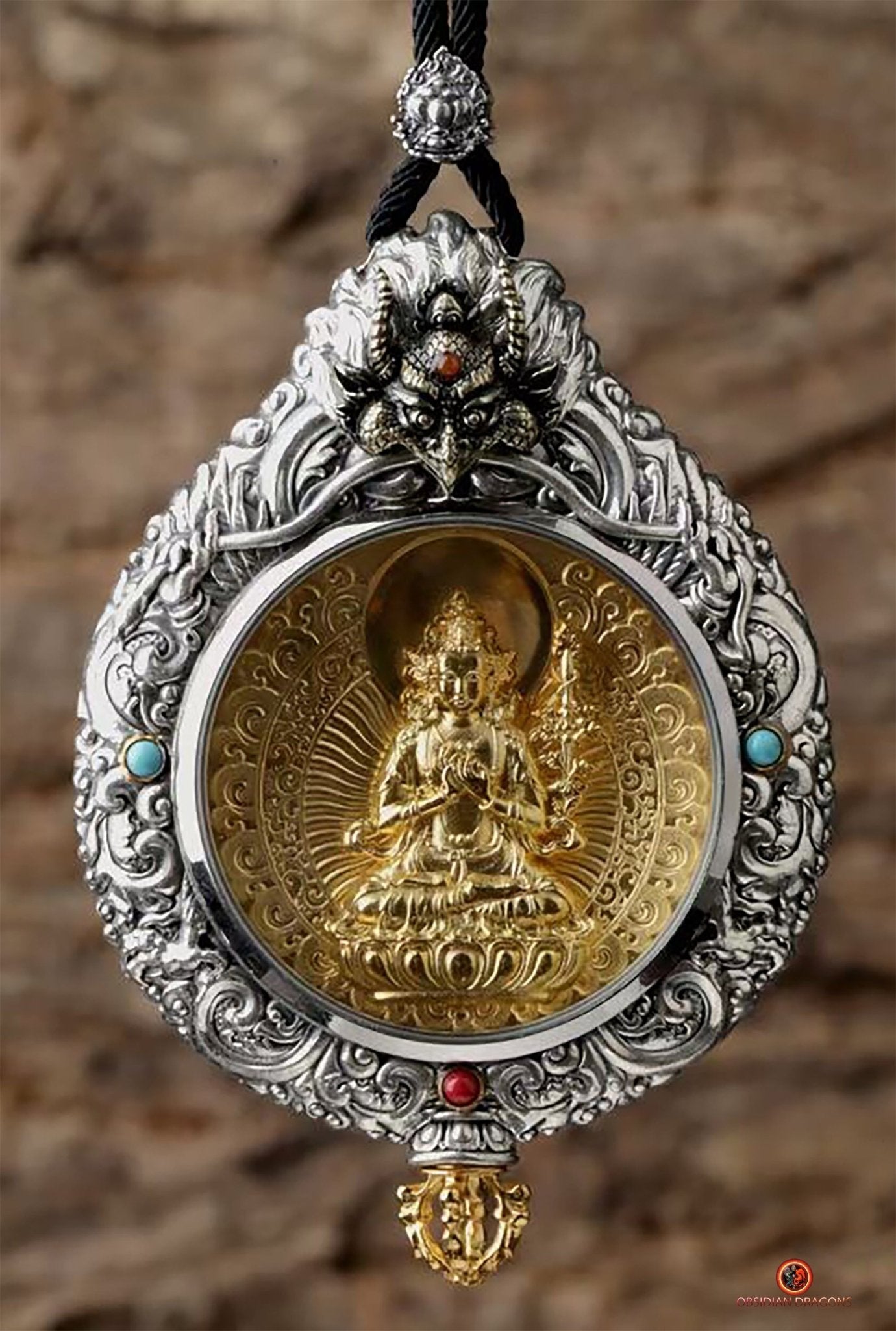 Ghau Bouddha akashagarbha - Amulette Bouddhiste en Argent et or | obsidian dragons