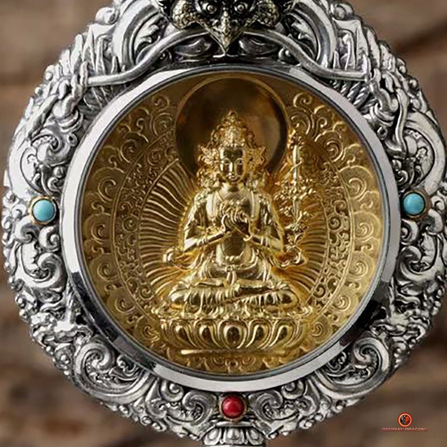 Ghau Bouddha akashagarbha - Amulette Bouddhiste en Argent et or | obsidian dragons