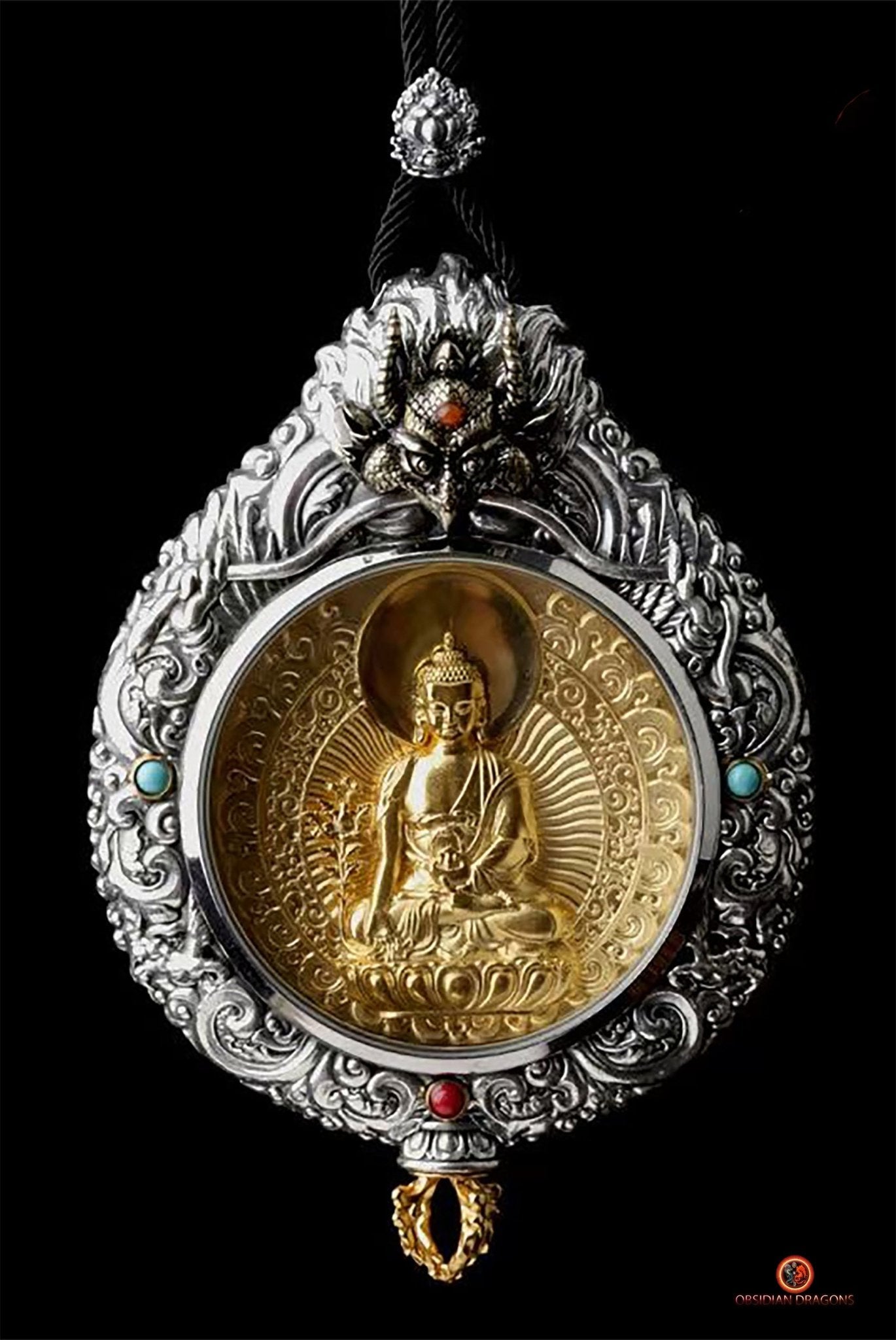 Ghau Bouddha médecine - Amulette Bouddhiste en Argent et or | obsidian dragons