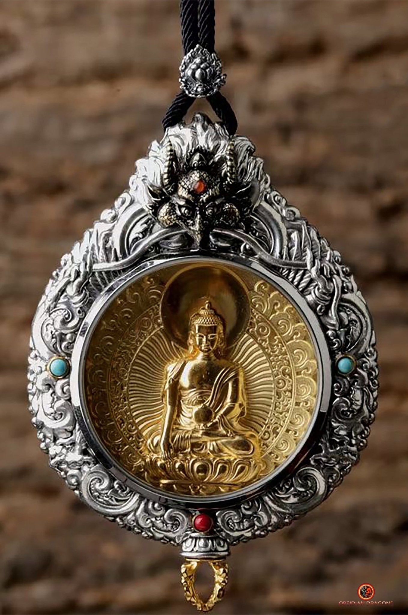Ghau Bouddha médecine - Amulette Bouddhiste en Argent et or | obsidian dragons