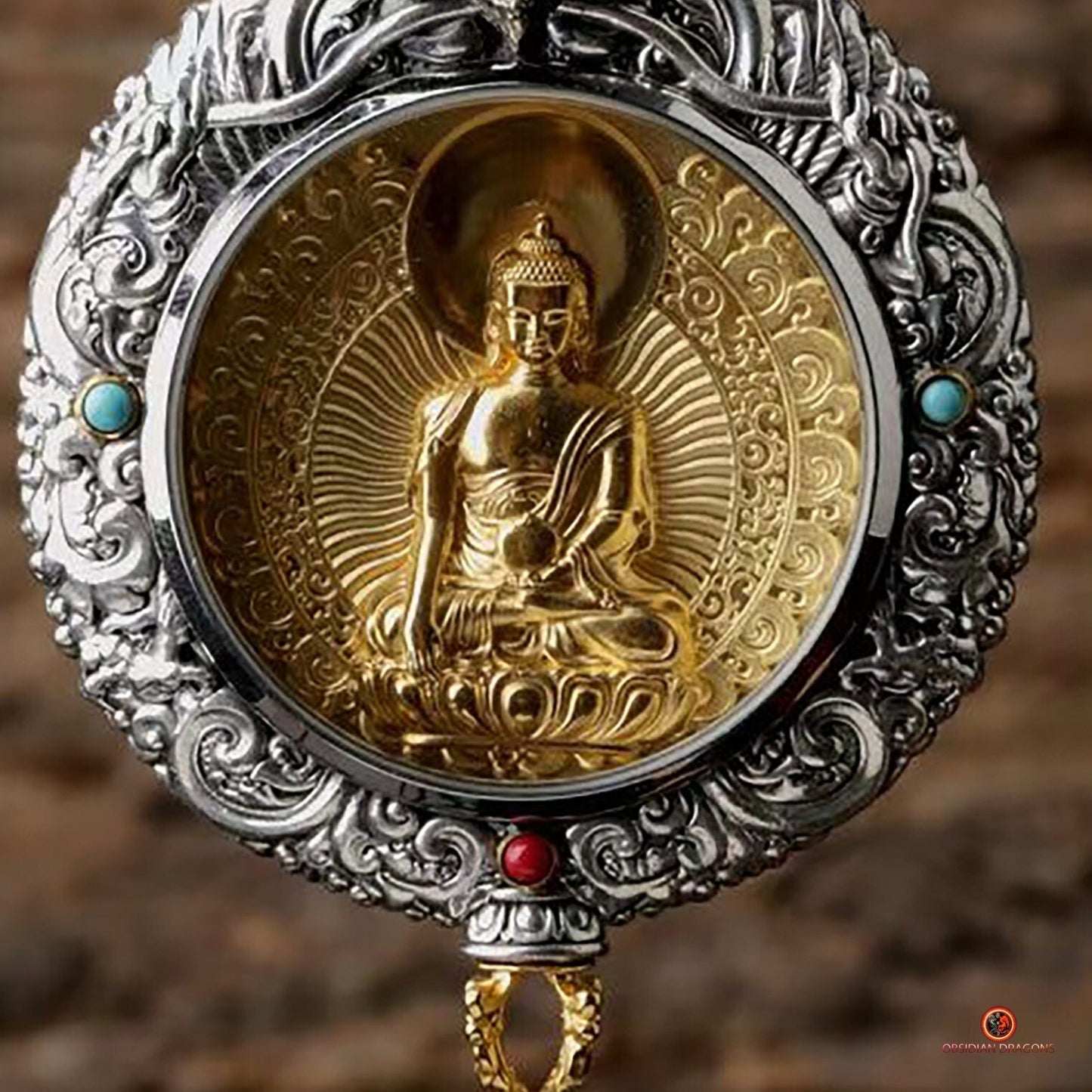 Ghau Bouddha médecine - Amulette Bouddhiste en Argent et or | obsidian dragons