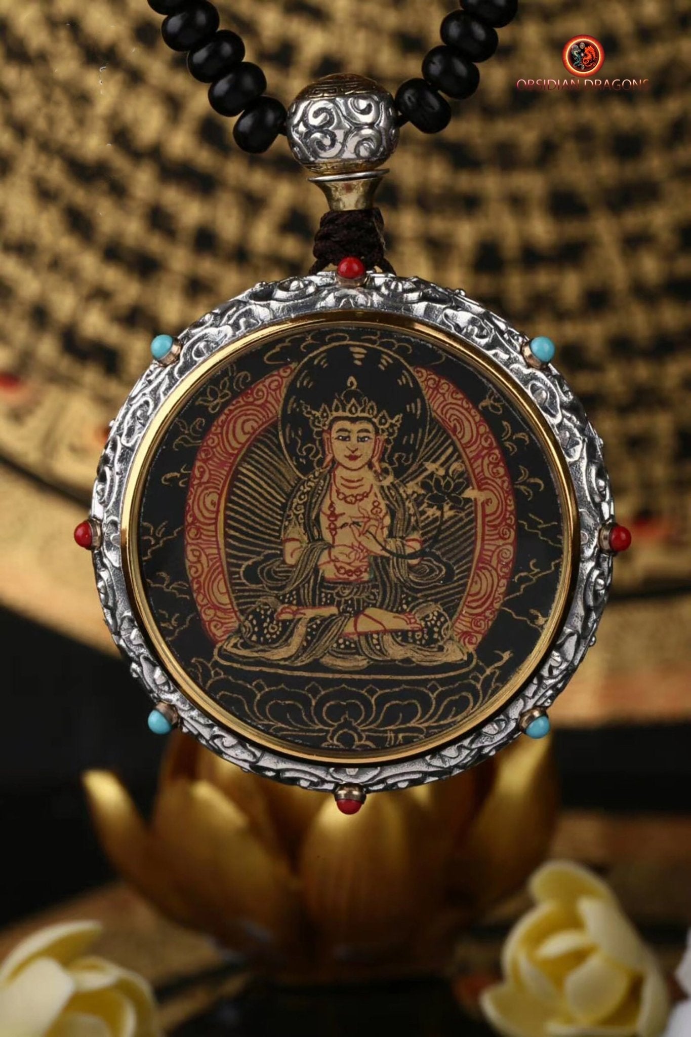 Ghau Tibétain en Argent 925 - Thangka de Mahasthamaprapta | obsidian dragons