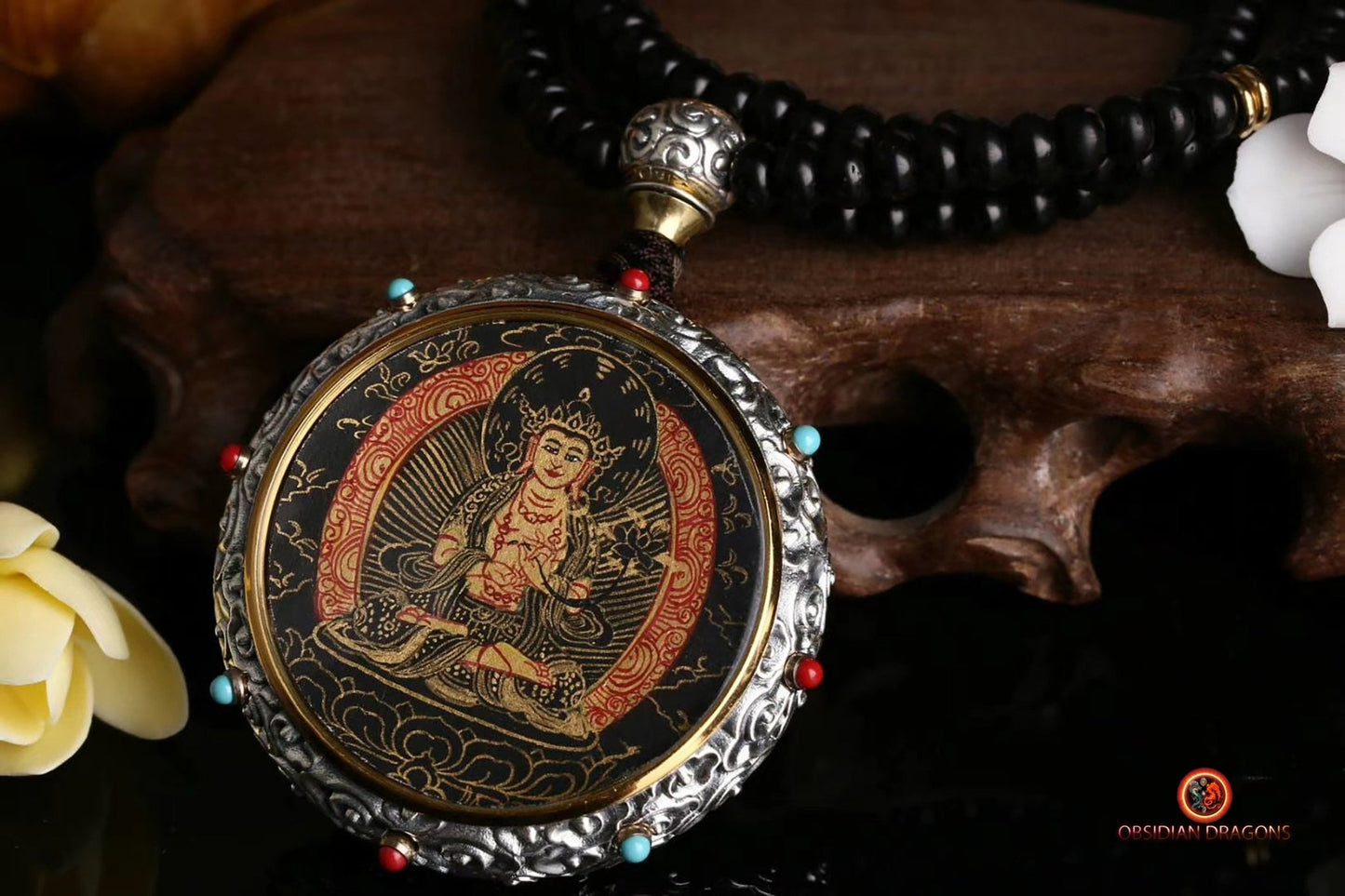 Ghau Tibétain en Argent 925 - Thangka de Mahasthamaprapta | obsidian dragons